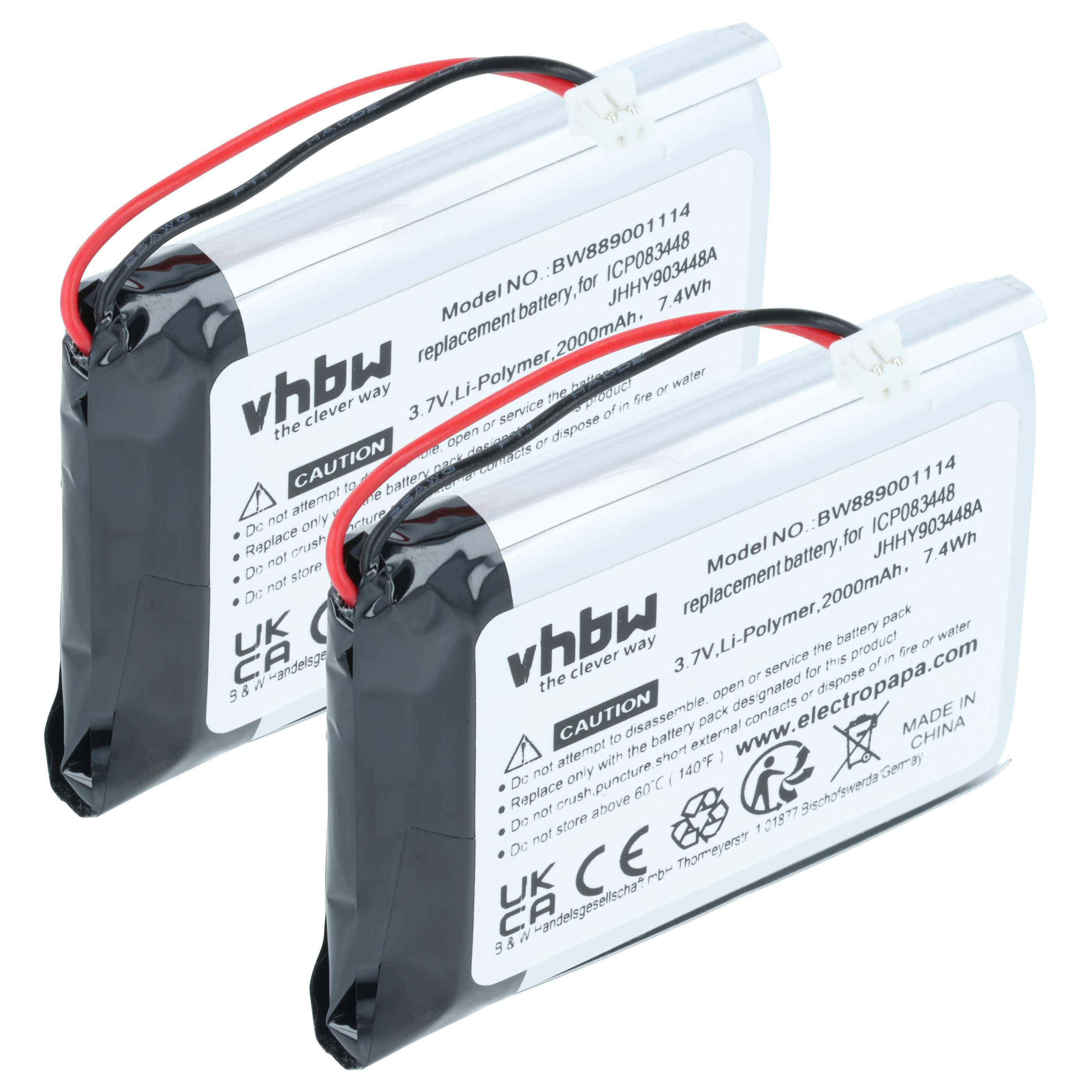 vhbw 2x Akku Ersatz für Stabo JHHY903448A, ICP083448 für Funkgerät, Walkie Talkie (2000 mAh, 3,7 V, Li-Polymer)