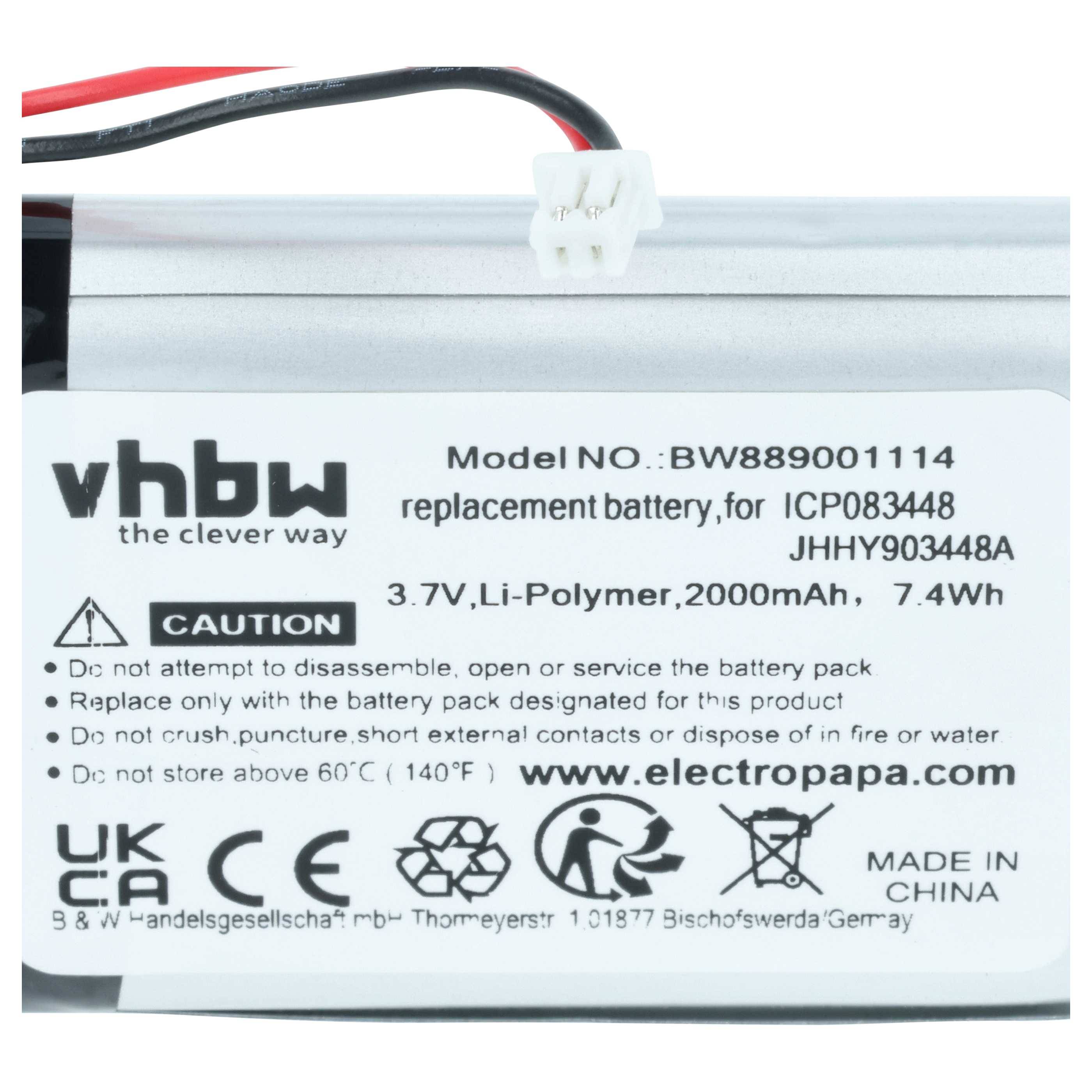 vhbw 2x Akku Ersatz für Stabo JHHY903448A, ICP083448 für Funkgerät, Walkie Talkie (2000 mAh, 3,7 V, Li-Polymer)