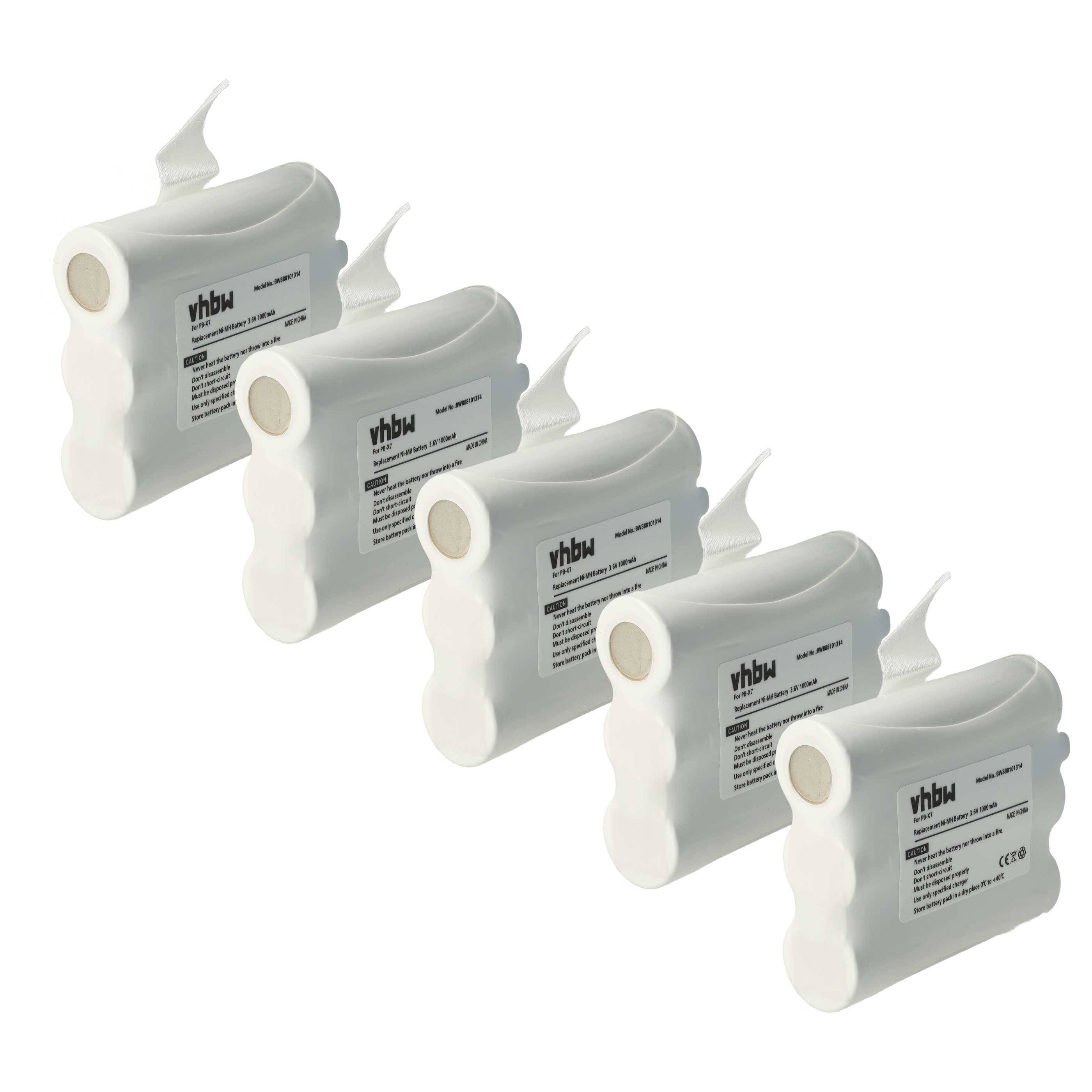 Vier weiße vhbw Akkupacks mit Beschriftungsangaben und hervorstehenden Anschlüssen, diagonal angeordnet.