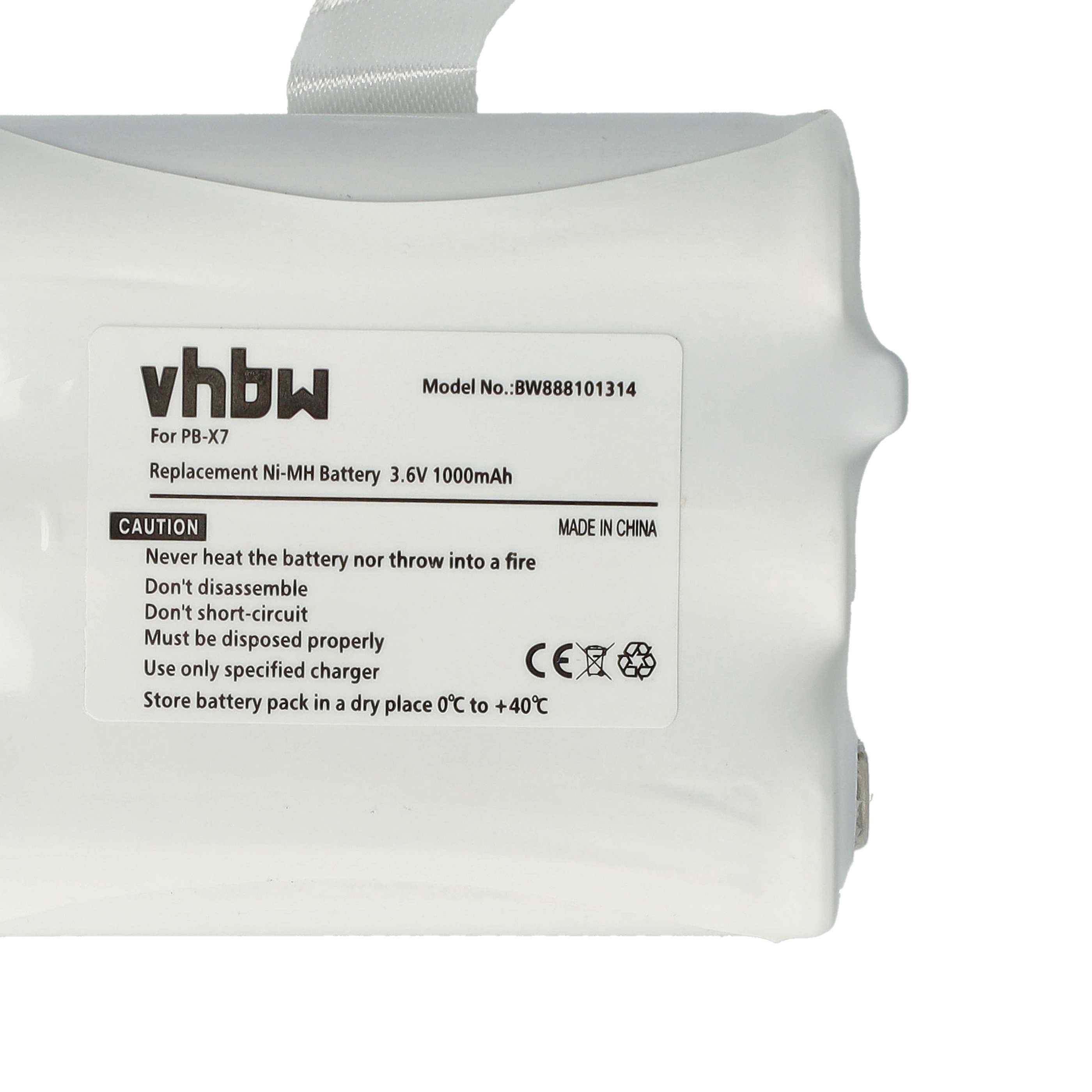 Akku mit Bezeichnung 'vhbw', Modell 'BW888101314', 3,6V, 1000mAh, Ersatz für PB-X7. Sicherheitshinweise: Feuer vermeiden, nicht zerlegen, Kurzschluss verhindern.