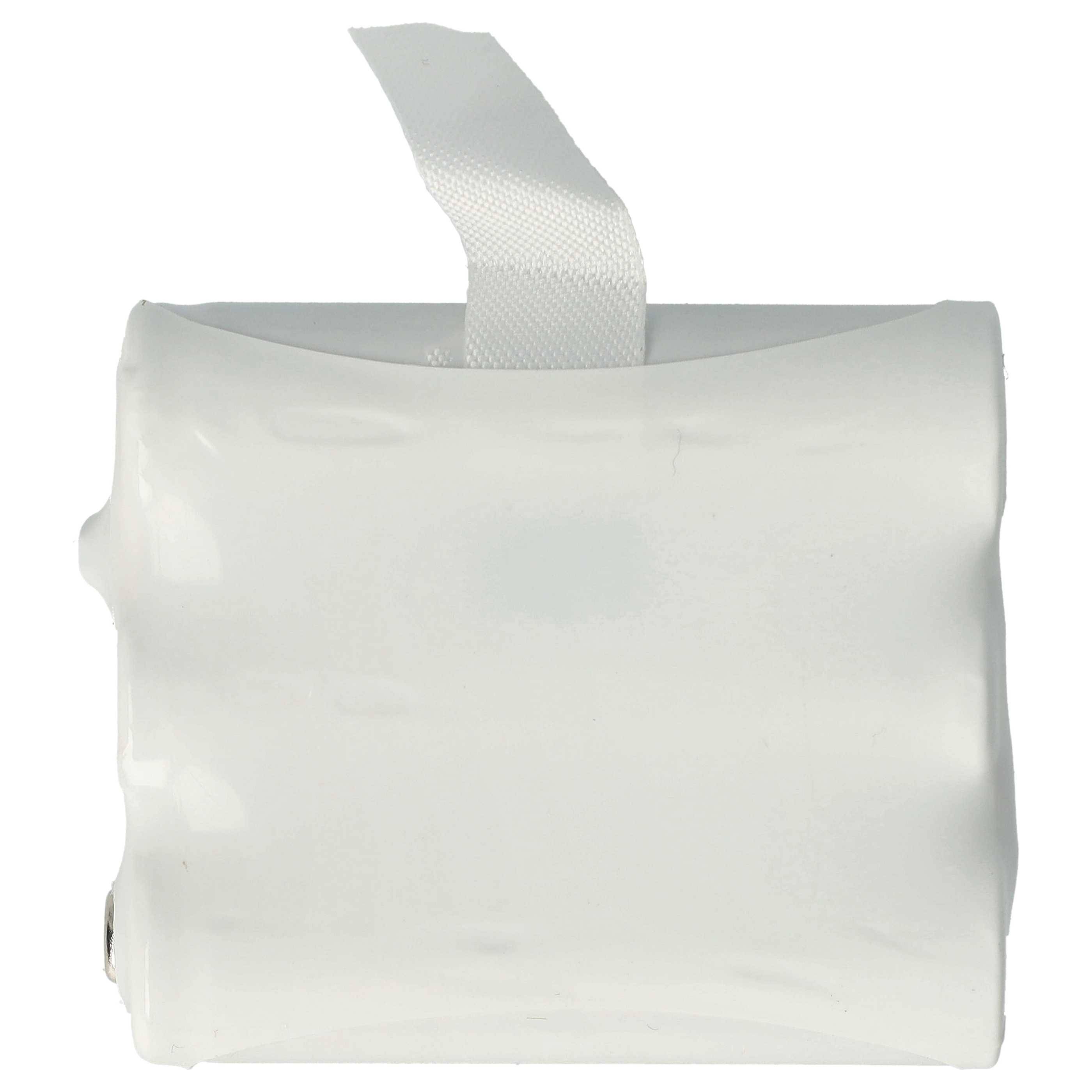 Ein weißer, rechteckiger Akkupack mit einem hervorstehenden weißen Griff oben für einfache Handhabung.