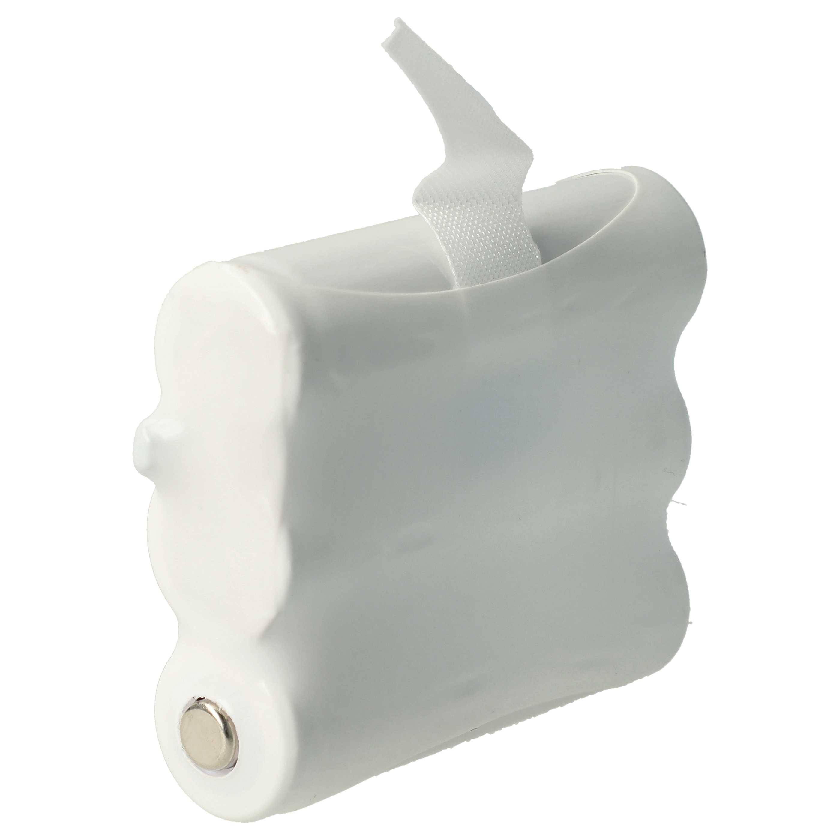 Ein weißer, zylindrischer Kunststoffclip mit einer Bandschlaufe oben und einem kleinen Knopf an der Seite.