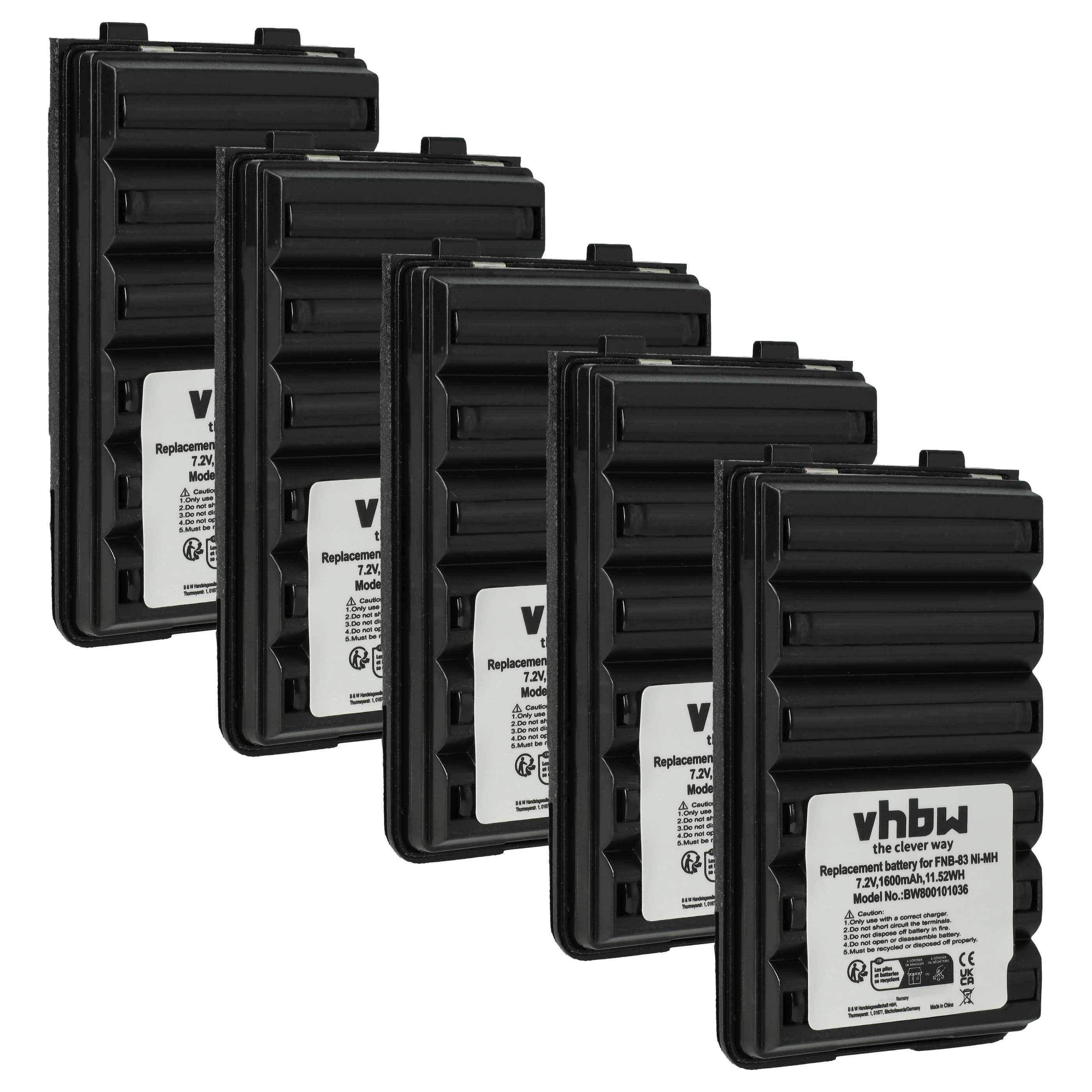 vhbw 5x Akku kompatibel mit Yaesu Vertex VX-800V, VXA120, VXA-120, VXA-120 Pro II, VX-A120 Funkgerät, Walkie Talkie (1600 mAh, 7,2 V, NiMH)