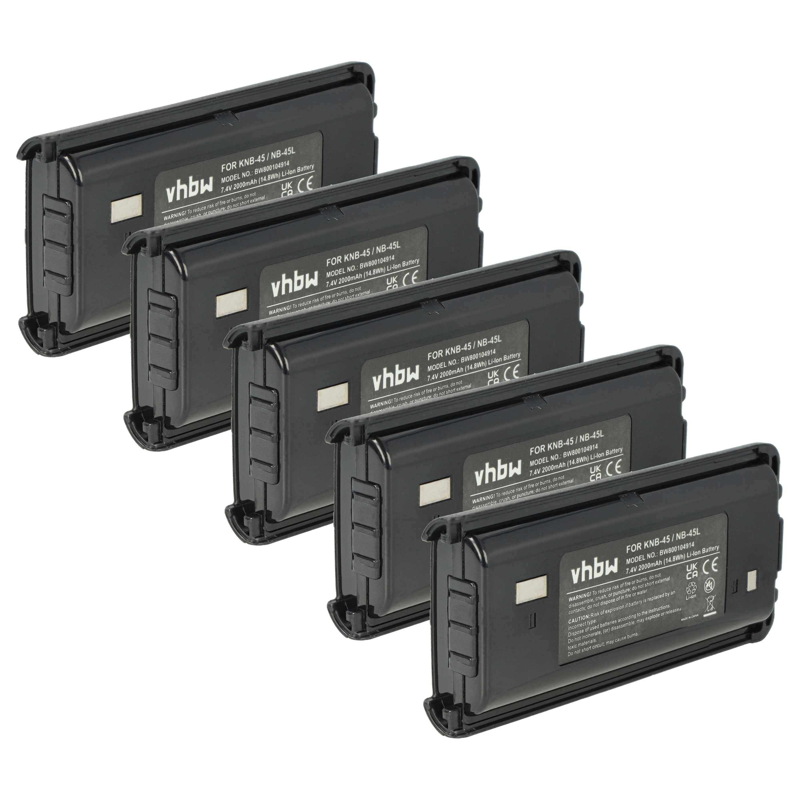 Fünf schwarze vhbw-Batterien, die nebeneinander aufgereiht sind, kompatibel mit bestimmten Staubsaugermodellen, mit Etiketten, die technische Spezifikationen und Sicherheitssymbole zeigen.