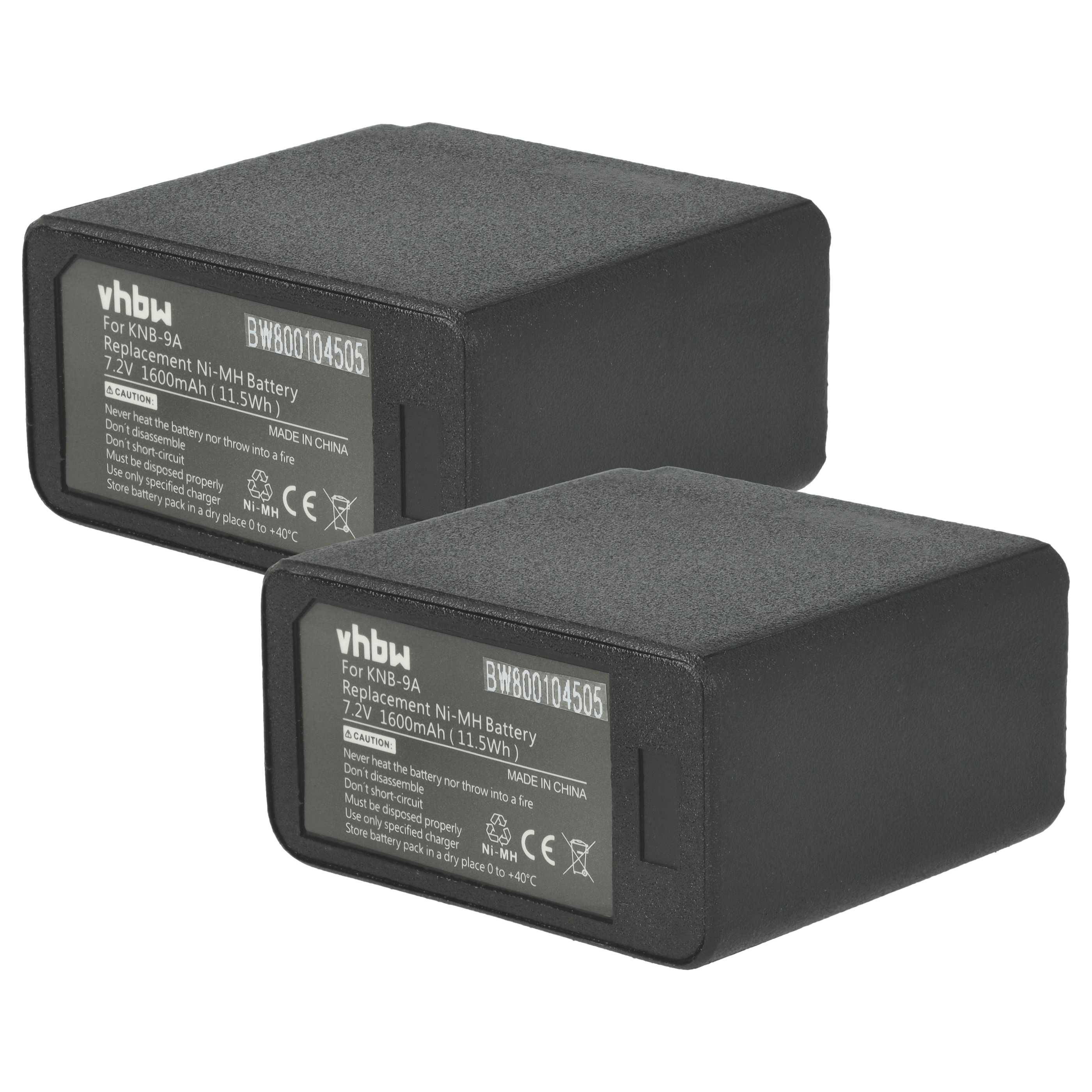 Zwei schwarze rechteckige Ersatzbatterien, gekennzeichnet mit 'vhbw', mit folgenden Spezifikationen: 7,2V, 1600mAh, 11,5Wh, hergestellt für das Modell KNB-9A.