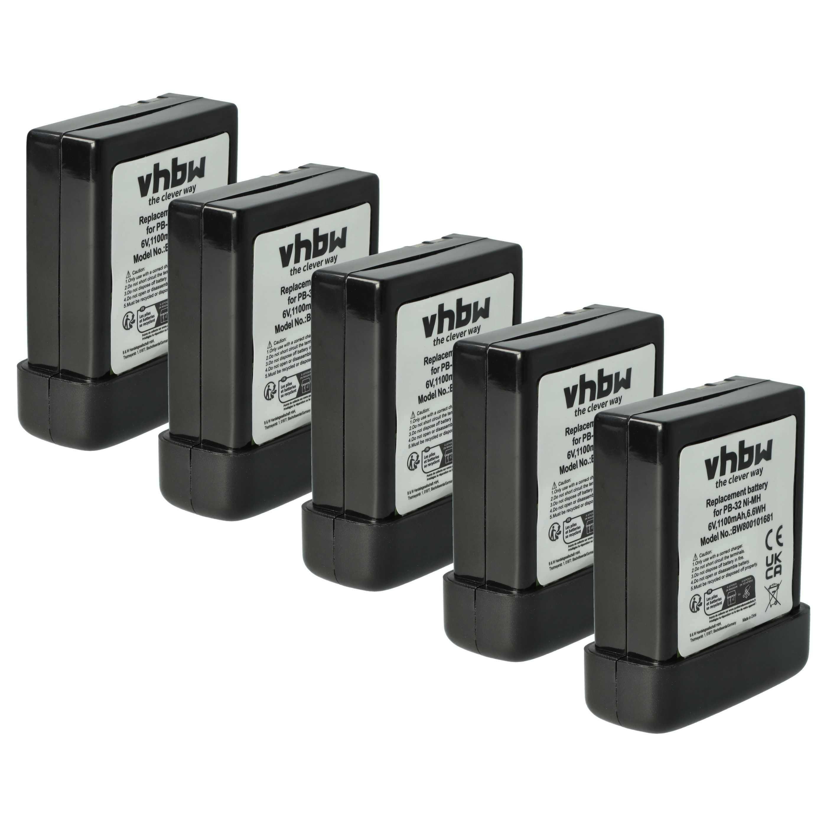 Fünf schwarze vhbw-Batterien stehen aufrecht in einer Reihe, wobei jede sichtbare Etiketten mit Spezifikationen und Zertifizierungsikonen aufweist.