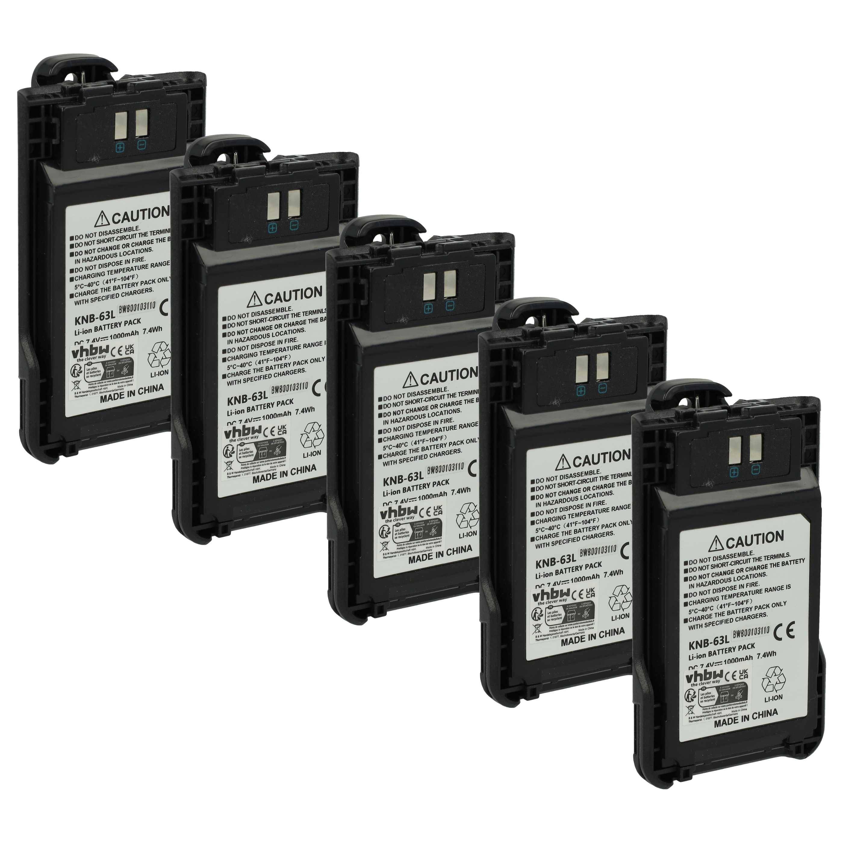 vhbw 5x Akku Ersatz für Kenwood KNB-63L, KNB-65L für Funkgerät, Walkie Talkie (1000 mAh, 7,4 V, Li-Ion) + Gürtelclip