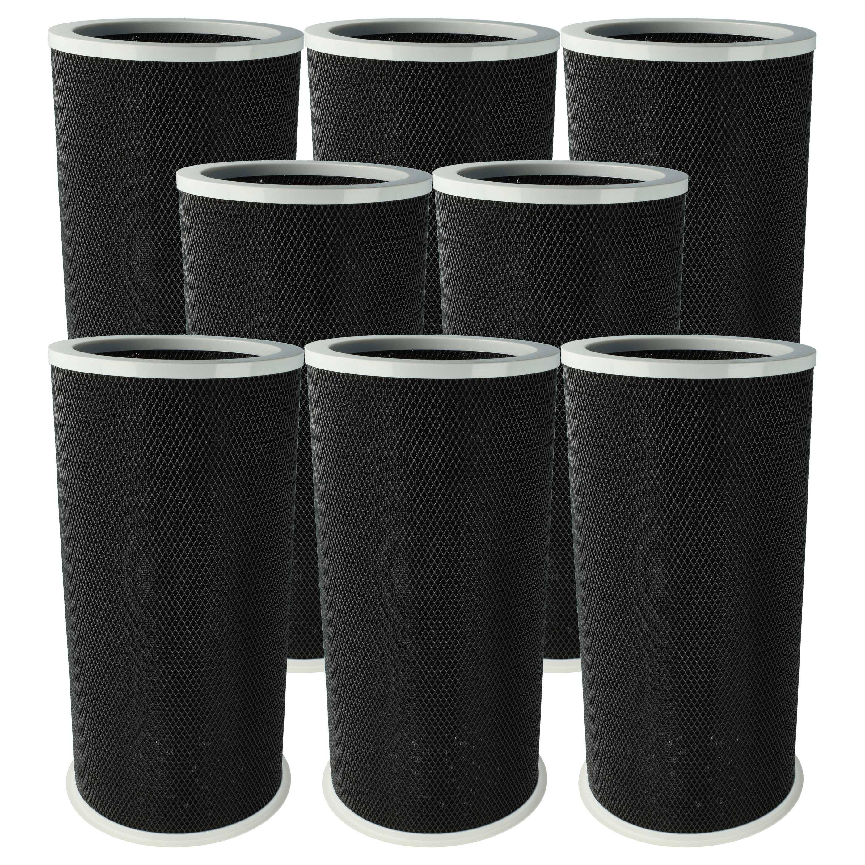 Acht schwarze zylindrische Wasserfilter mit weißen Verschlüssen sind in zwei Reihen angeordnet, was auf eine Filtrationssystemanordnung hindeutet.