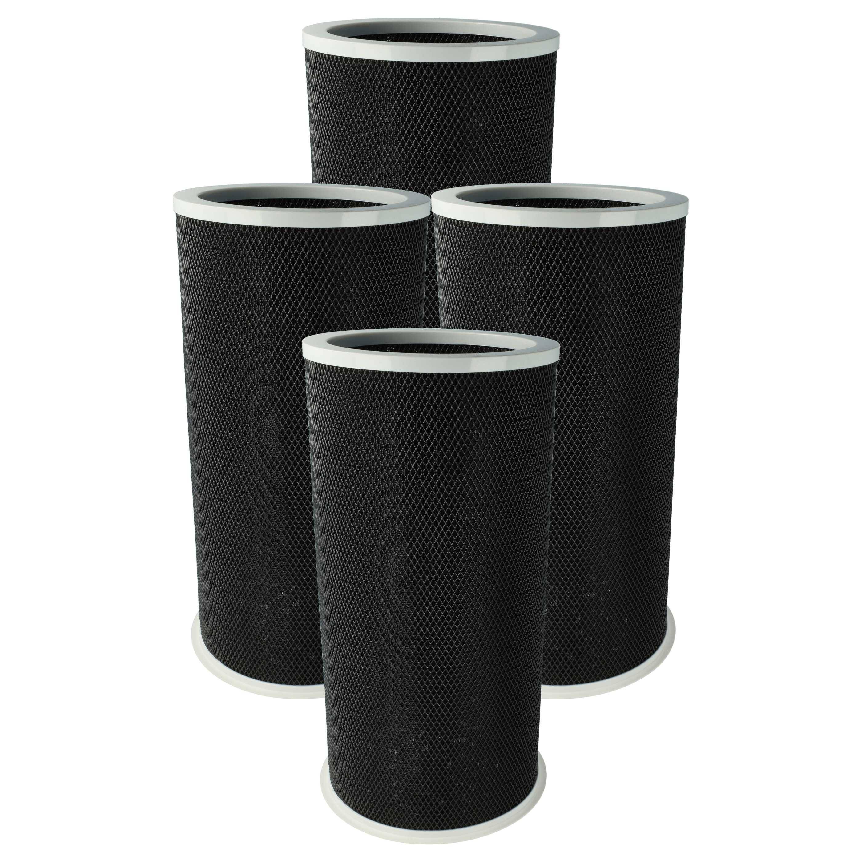 Vier zylindrische schwarze Aktivkohlefilter mit weißen Rändern, in einer versetzten Formation angeordnet.