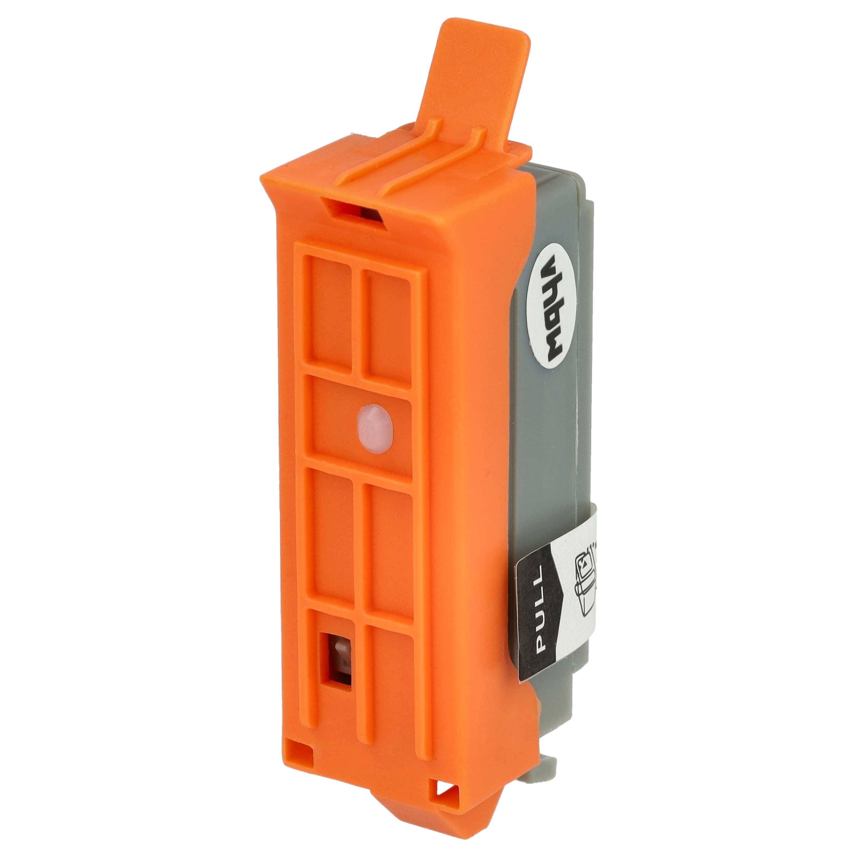 Eine orange und graue Tintenpatrone mit einer 'Zieh'-Lasche. An der Seite befindet sich ein Logo. Die Patrone wird wahrscheinlich für einen Drucker verwendet.