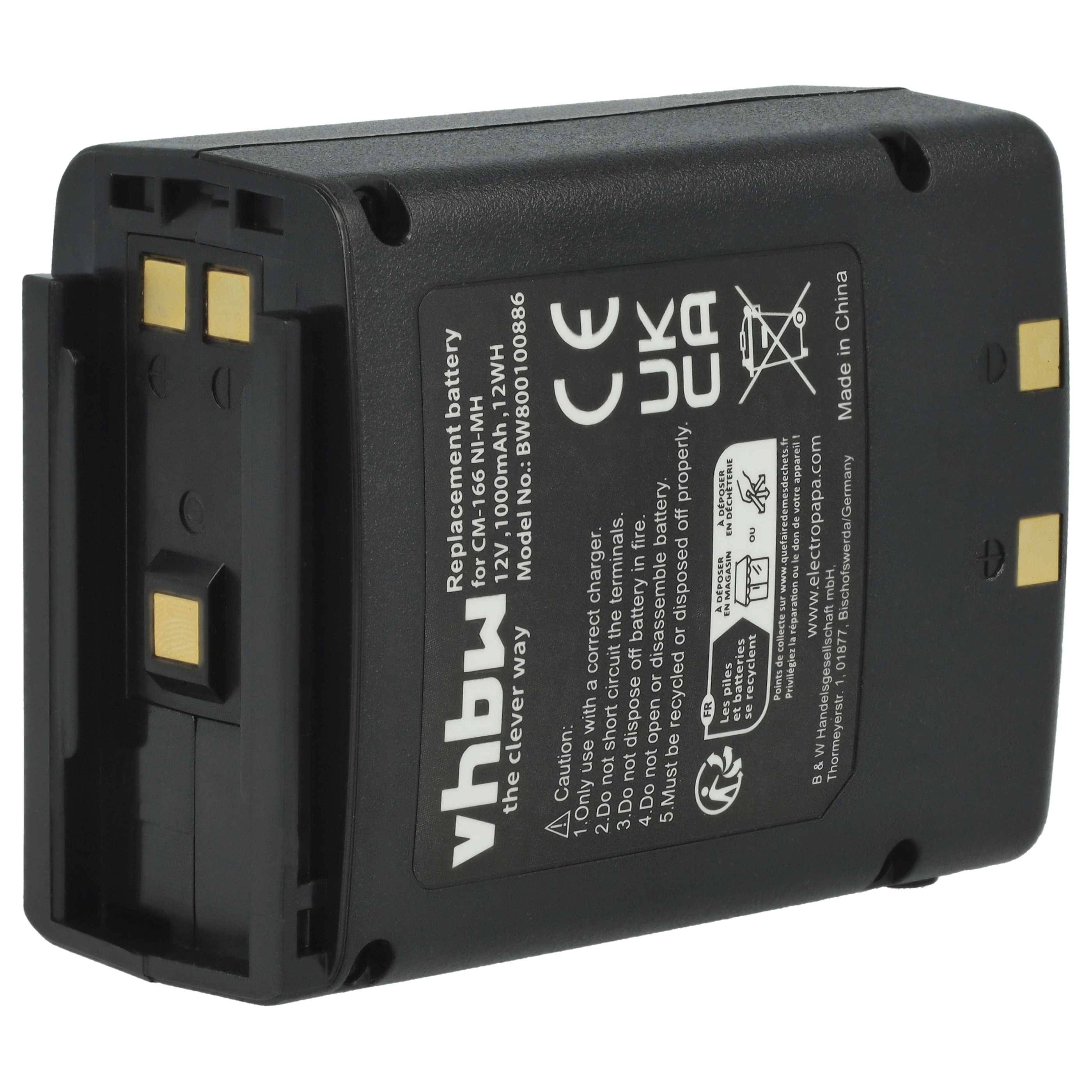 Eine schwarze Ersatzbatterie mit der Modellnummer NB-WA2000S6, ausgestattet mit goldenen Anschlüssen und Konformitätssymbolen, ist mit der Marke 'vhbw - der clevere Weg' gekennzeichnet.