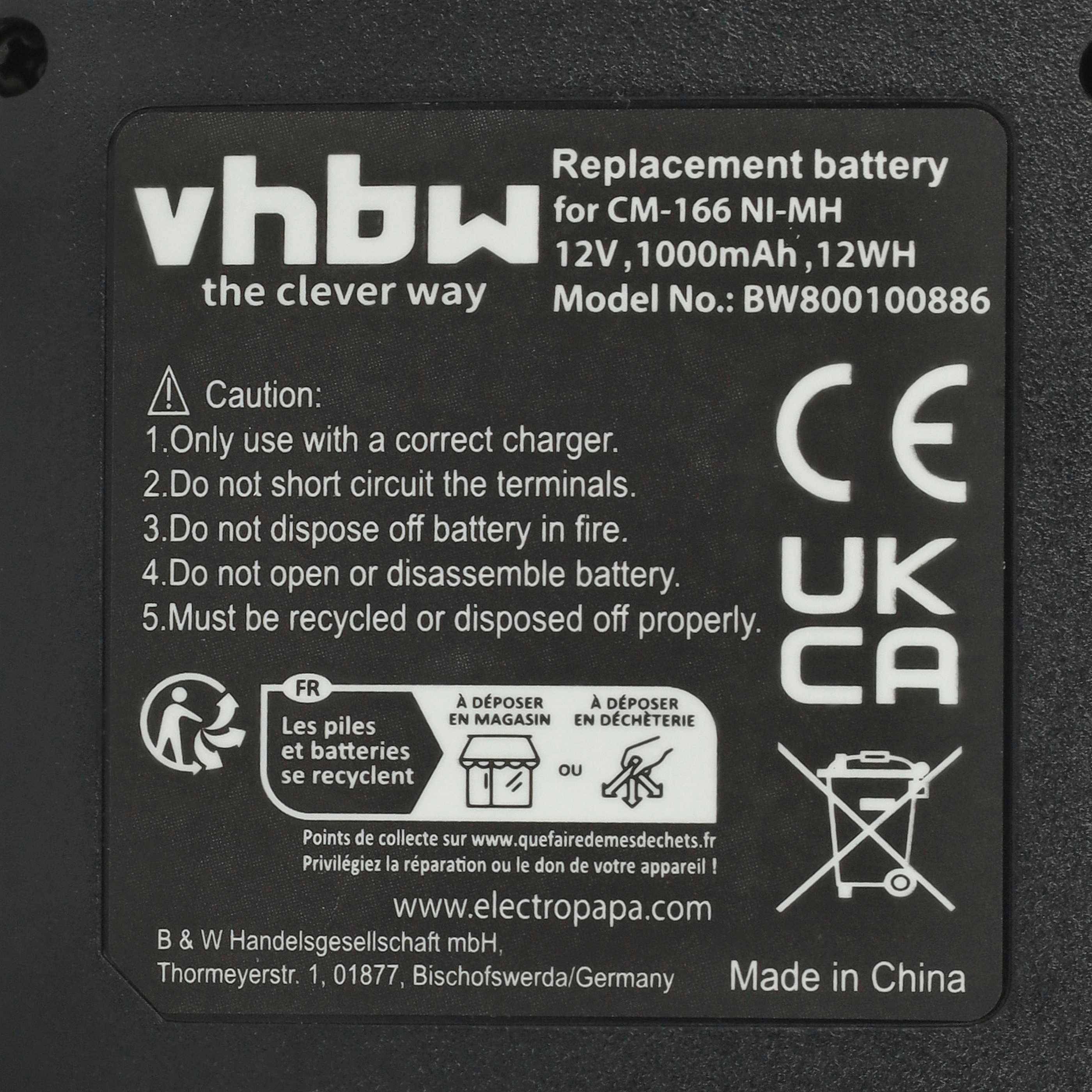Ersatzbatterie für CM-166 NI-MH, 12V, 1000mAh, 12Wh. Modell-Nr.: BW800100886. Achtung: Nur mit dem richtigen Ladegerät verwenden. Nicht kurzschließen. Nicht ins Feuer werfen. Nicht öffnen/zerlegen. Fachgerecht recyceln/entsorgen.