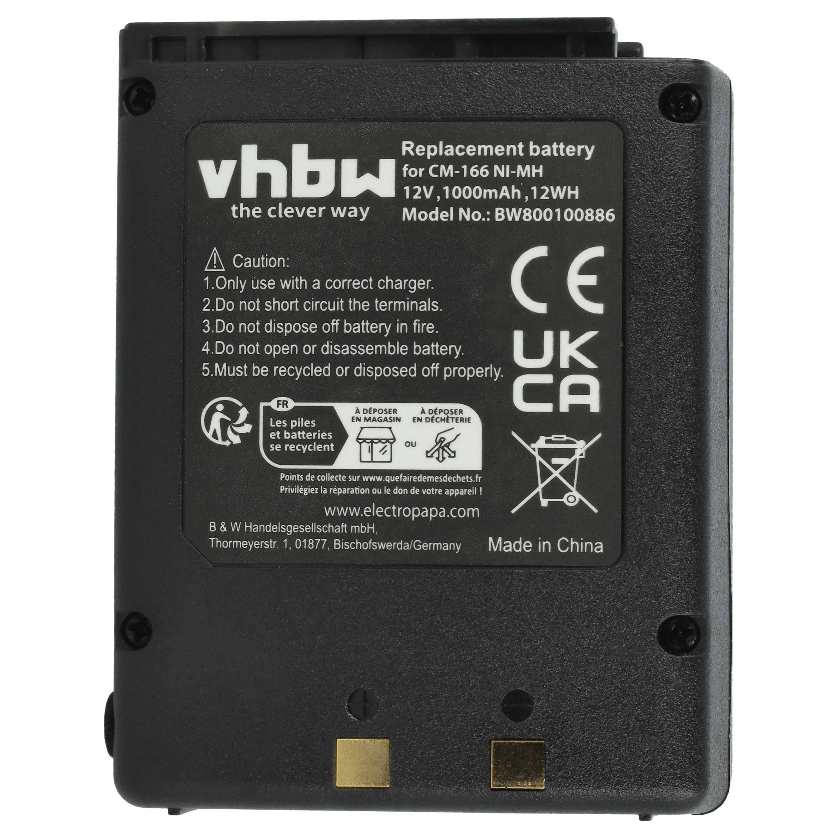 Eine schwarze vhbw Ersatzbatterie für CM-166 Ni-MH, 12V, 1000mAh, 12Wh. Enthält Sicherheitshinweise und CE-, UKCA-Kennzeichnungen. Hergestellt in China.