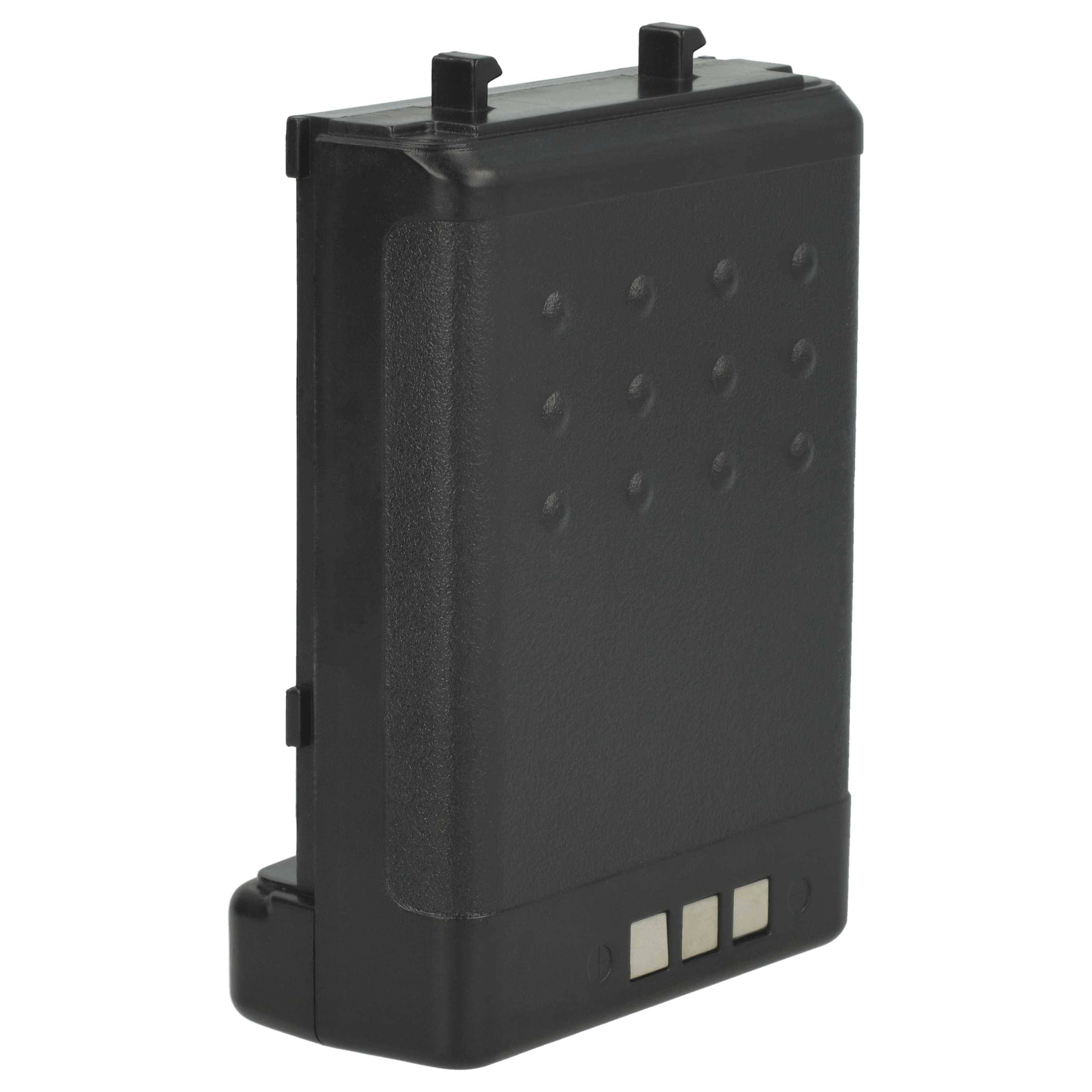 Eine schwarze Zwei-Wege-Funkgerät-Batteriebox mit strukturierter Oberfläche, sichtbaren Anschlusspunkten und rechteckiger Form.