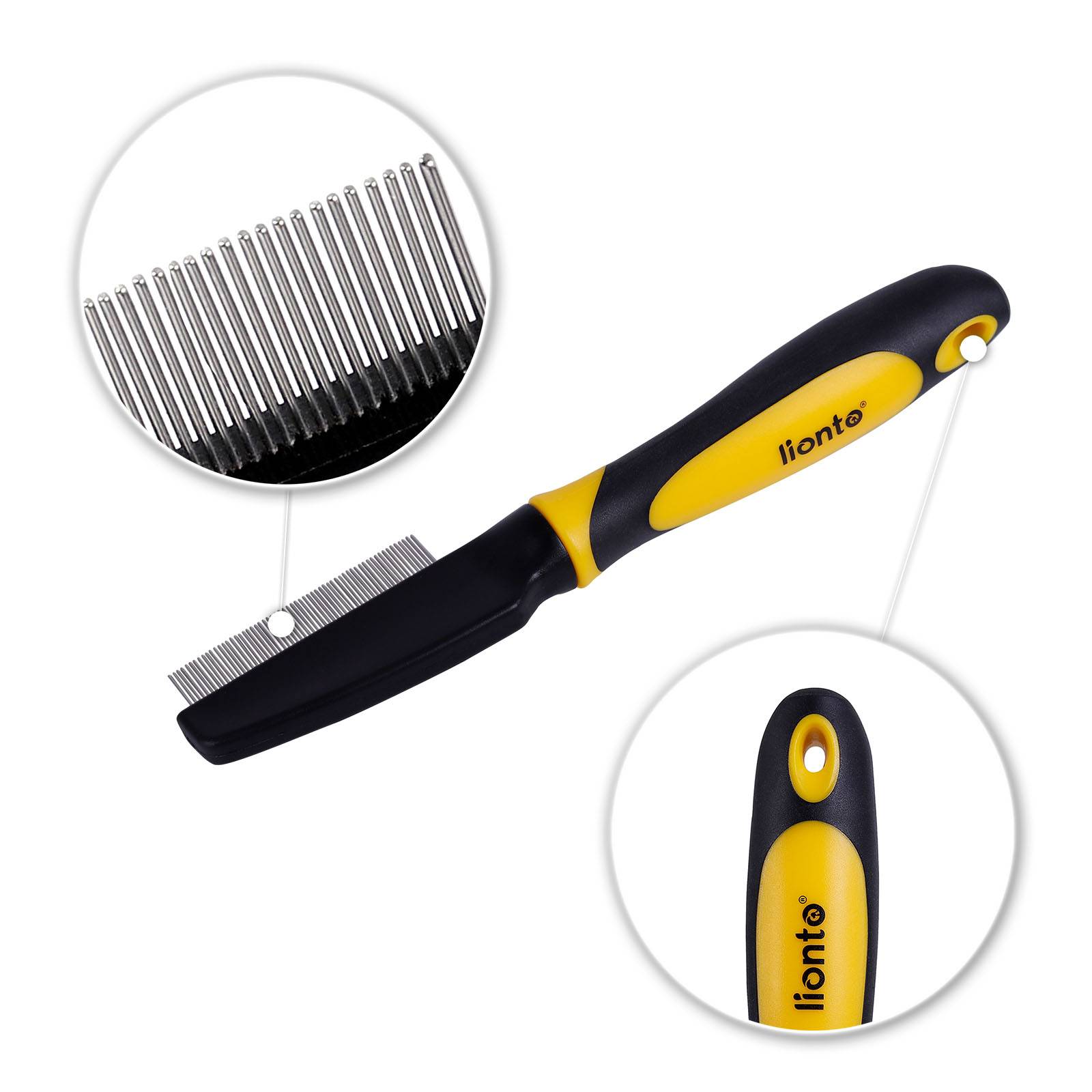 lionto Flohkamm Katze, feiner Edelstahlkamm mit Anti-Rutsch-Griff, entfernt Flöhe, Staub & lose Haare schonend, gelb/schwarz