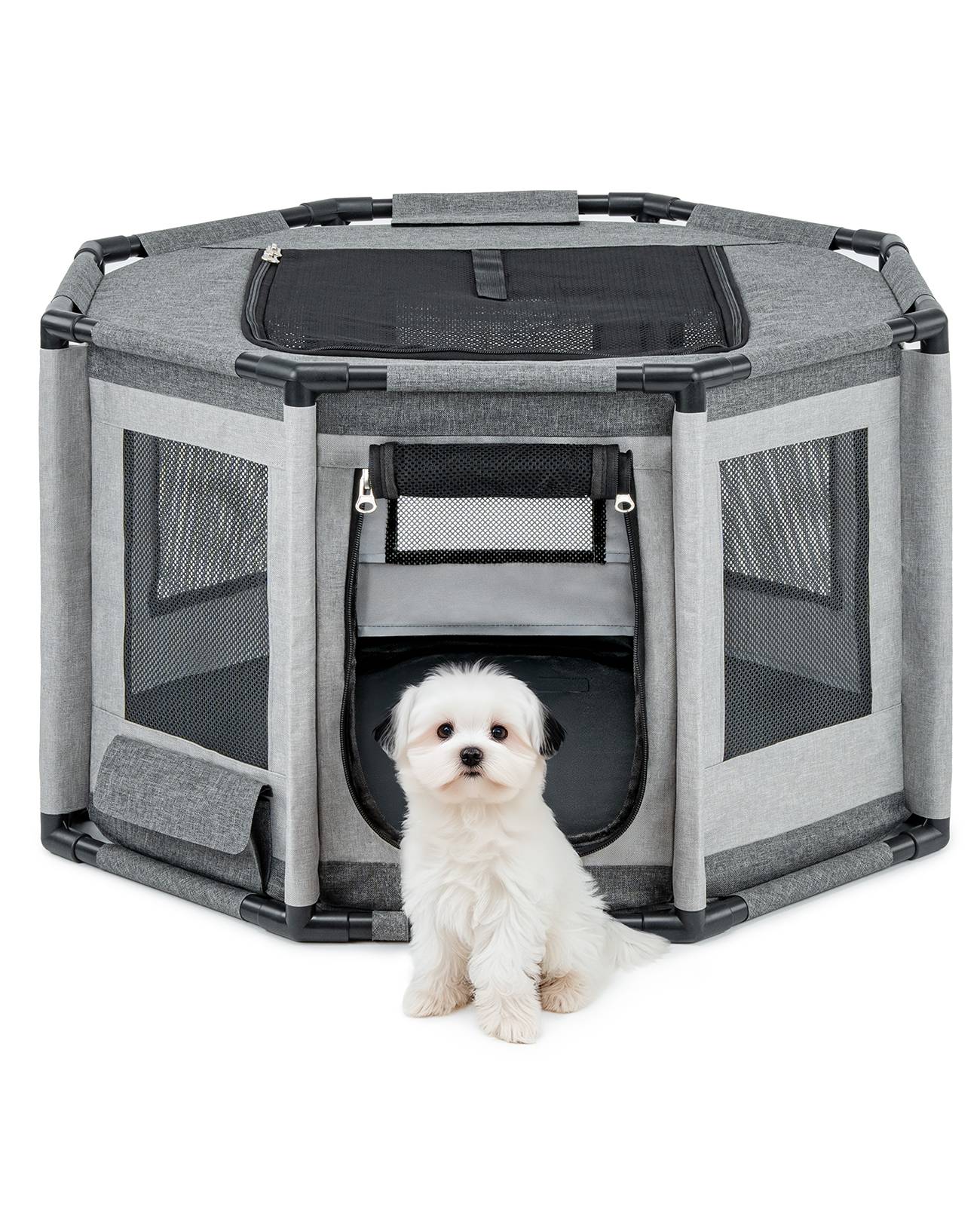 lionto Welpenauslauf, atmungsaktiv & pflegeleicht, faltbares Gehege mit Netzdach & Reißverschlusstür, 72x72x43 cm, grau