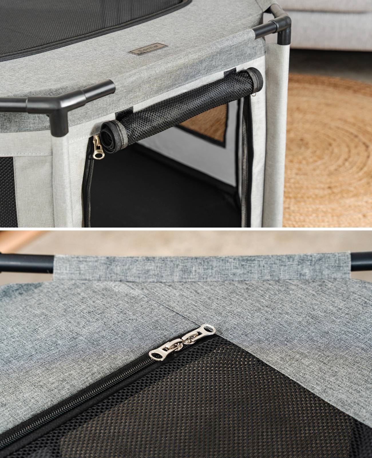 lionto Welpenauslauf, atmungsaktiv & pflegeleicht, faltbares Gehege mit Netzdach & Reißverschlusstür, 72x72x43 cm, grau