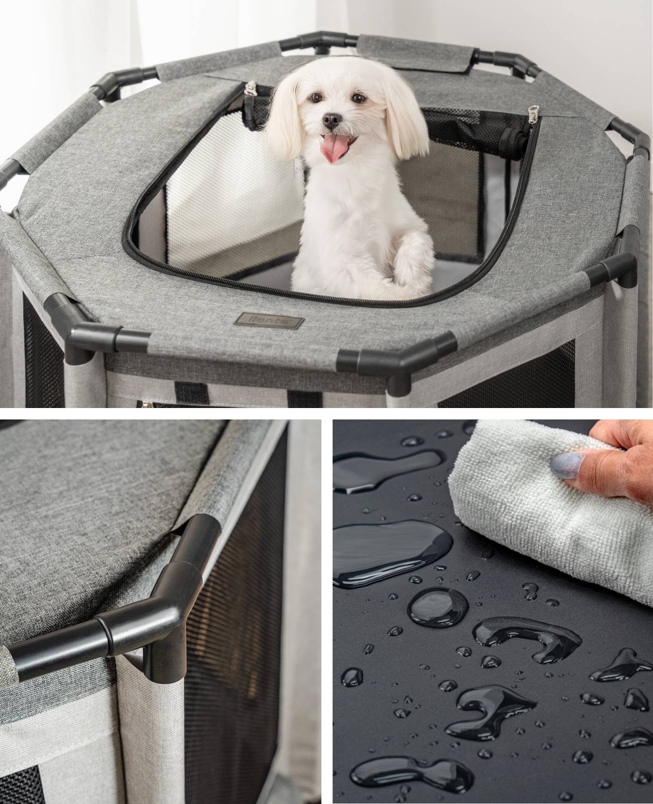 lionto Welpenauslauf, atmungsaktiv & pflegeleicht, faltbares Gehege mit Netzdach & Reißverschlusstür, 72x72x43 cm, grau