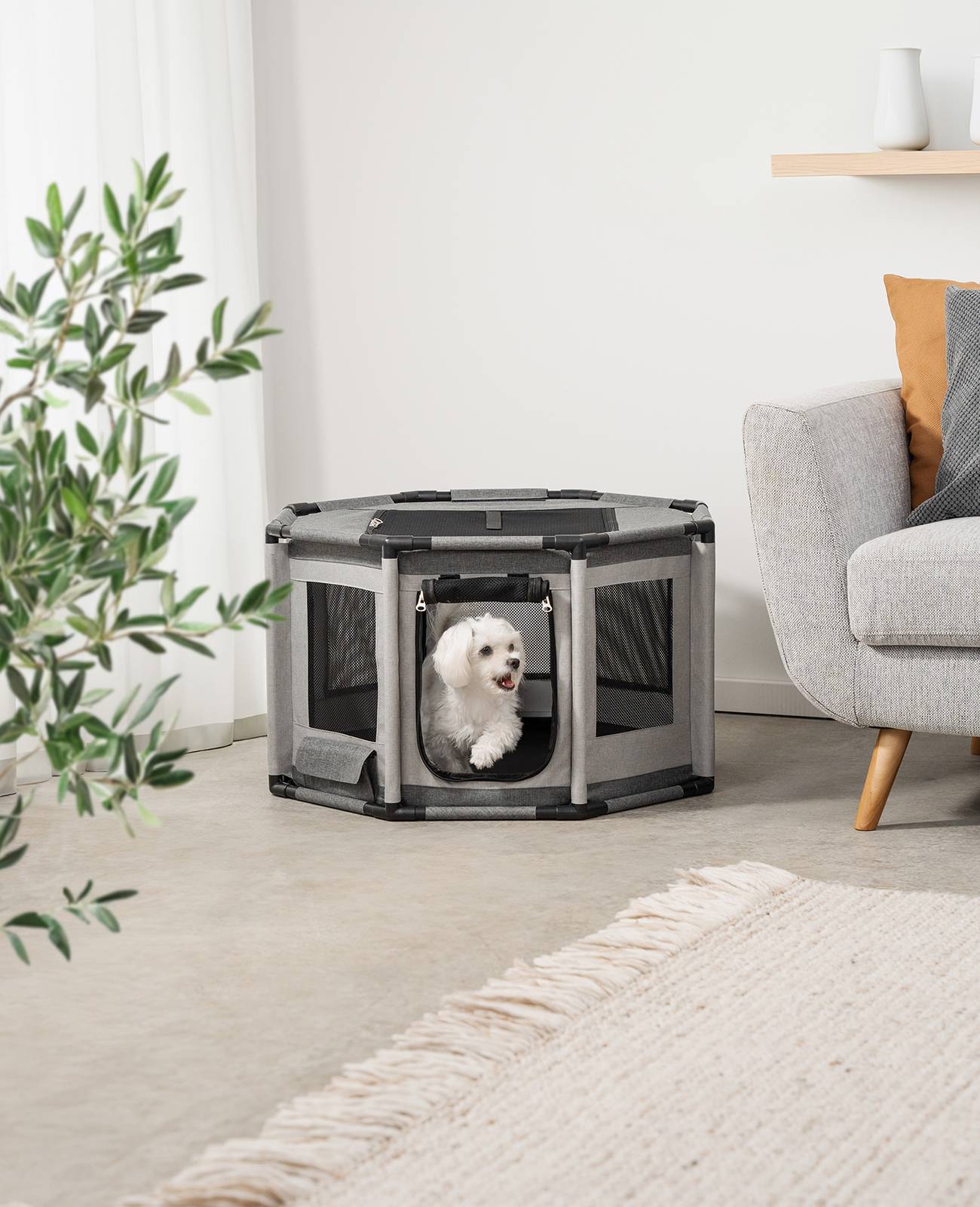 lionto Welpenauslauf, atmungsaktiv & pflegeleicht, faltbares Gehege mit Netzdach & Reißverschlusstür, 72x72x43 cm, grau