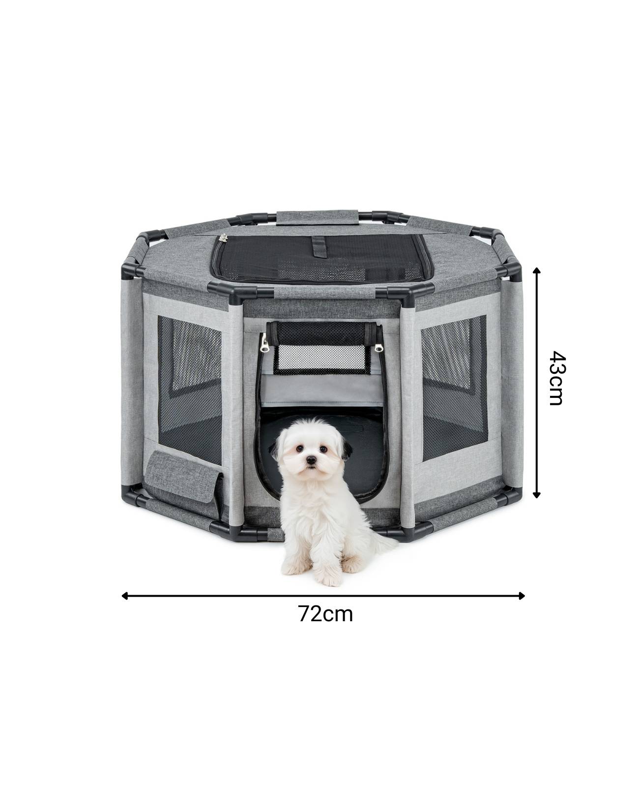 lionto Welpenauslauf, atmungsaktiv & pflegeleicht, faltbares Gehege mit Netzdach & Reißverschlusstür, 72x72x43 cm, grau