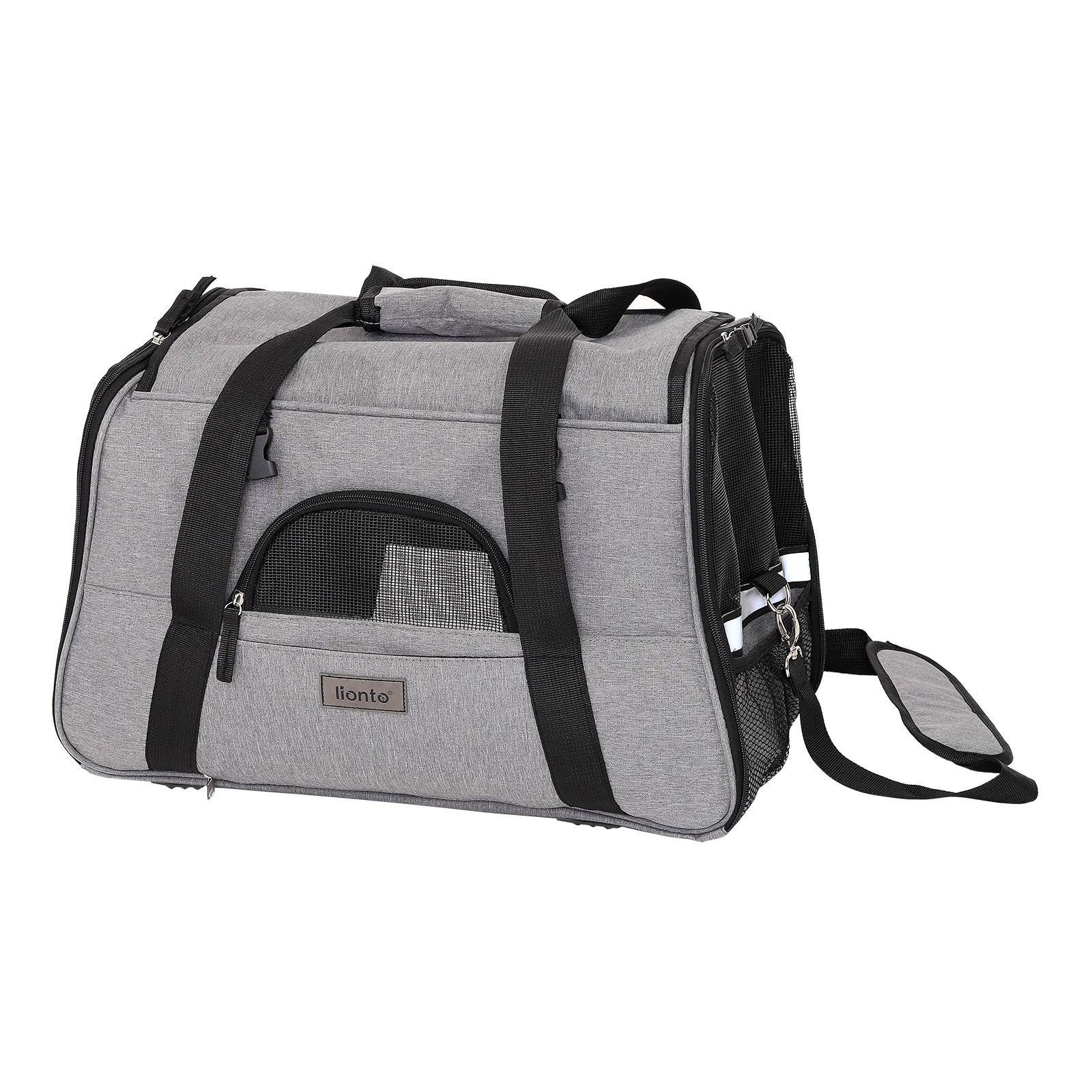 lionto Tiertransporttasche, sicher & komfortabel, mit Netzfenstern, Liegekissen & Trageoptionen, faltbar & pflegeleicht, grau