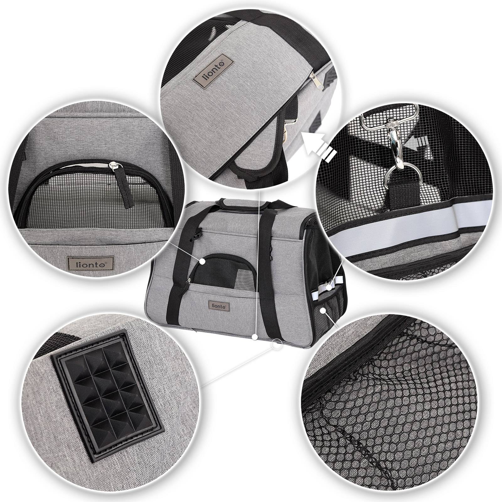 lionto Tiertransporttasche, sicher & komfortabel, mit Netzfenstern, Liegekissen & Trageoptionen, faltbar & pflegeleicht, grau