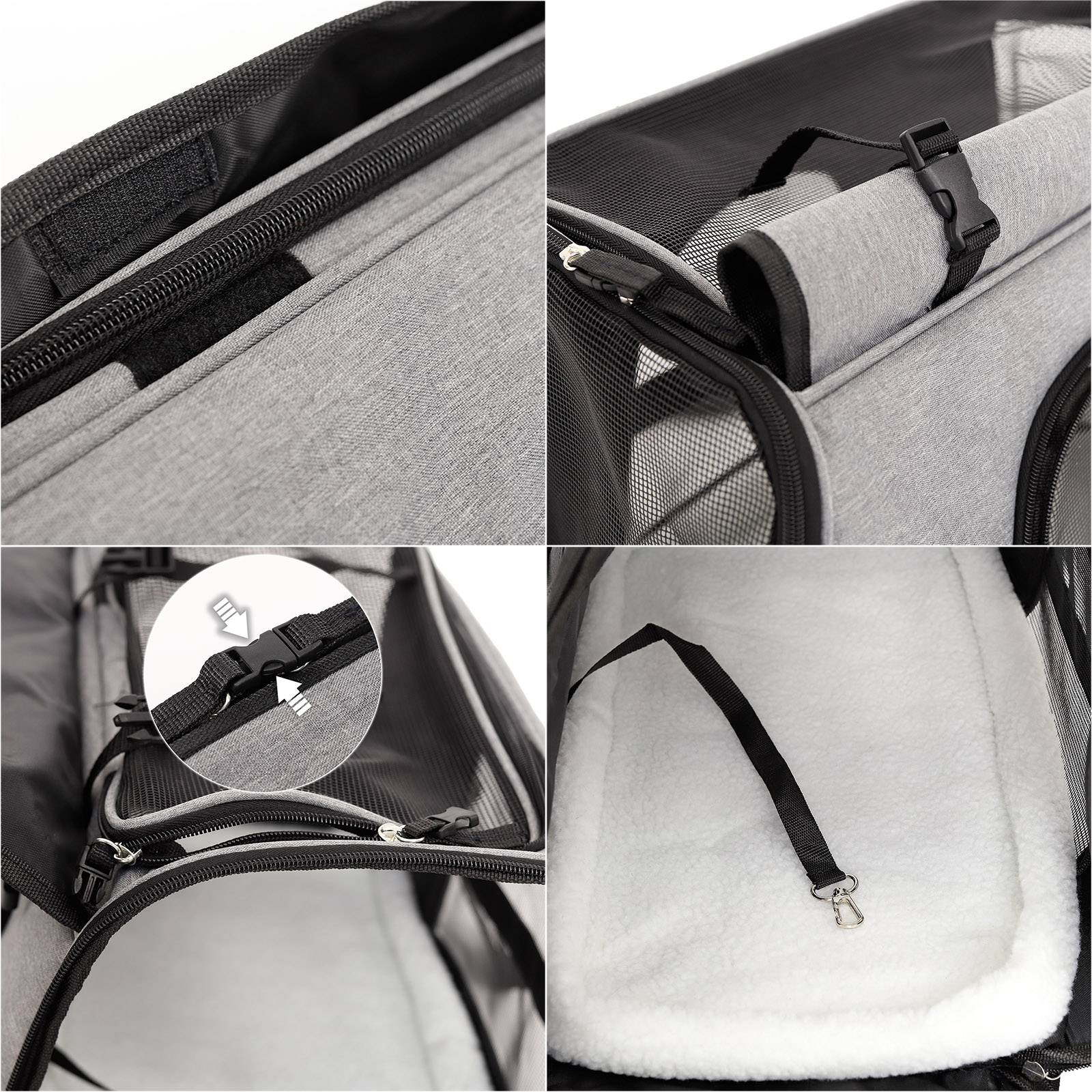 lionto Tiertransporttasche, sicher & komfortabel, mit Netzfenstern, Liegekissen & Trageoptionen, faltbar & pflegeleicht, grau