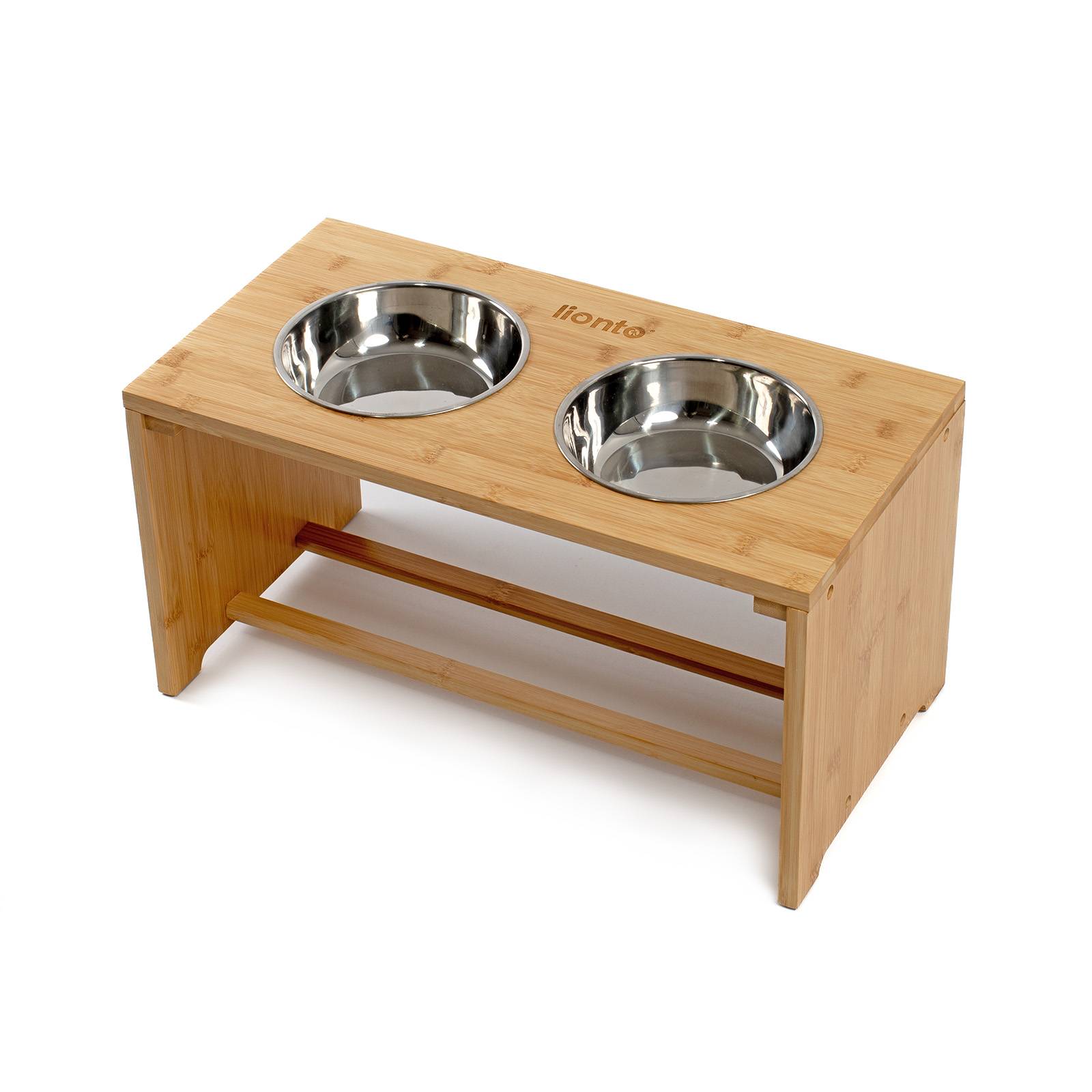lionto Hundefutterstation, stilvolle Bambus-Futterbar mit rutschfesten Füßen & 2 Edelstahlnäpfen, 50x26x26 cm