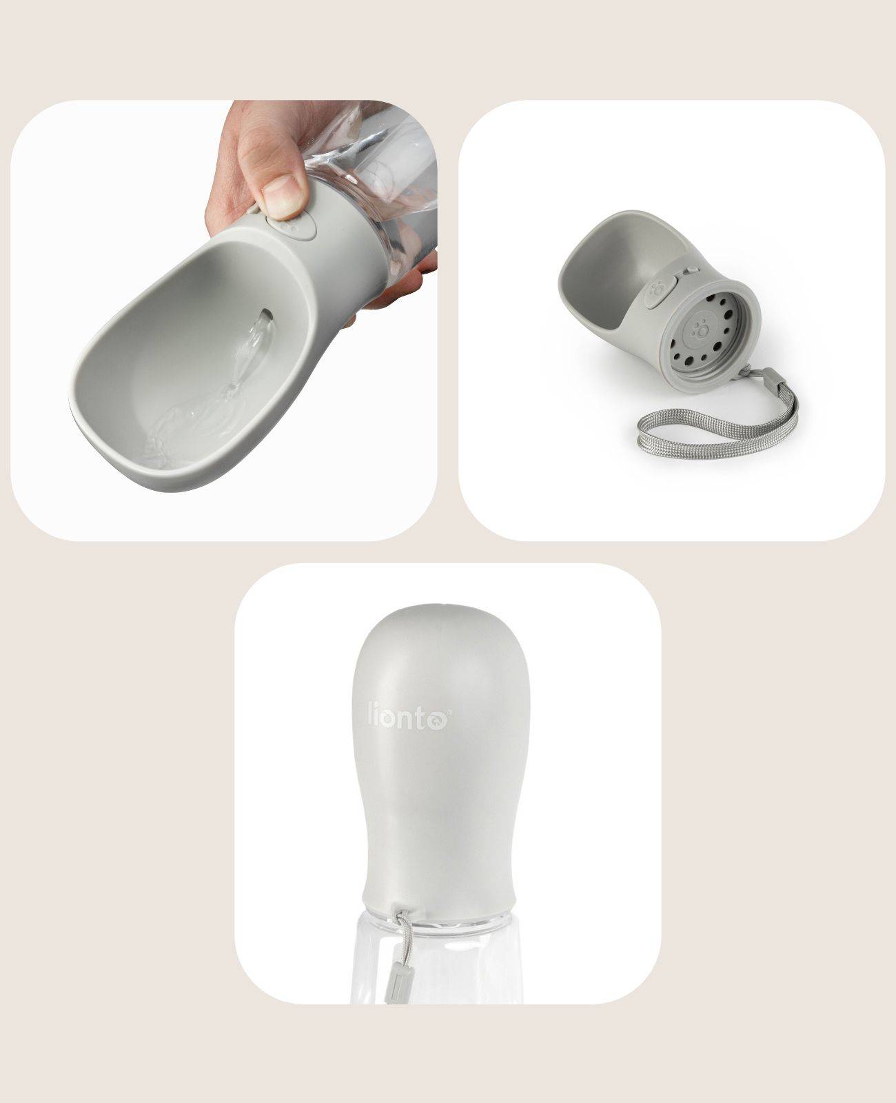 lionto Wasserspender, Trinkflasche für Hunde auf Spaziergängen & Reisen, auslaufsicher, leicht & hygienisch, 350ml, grau