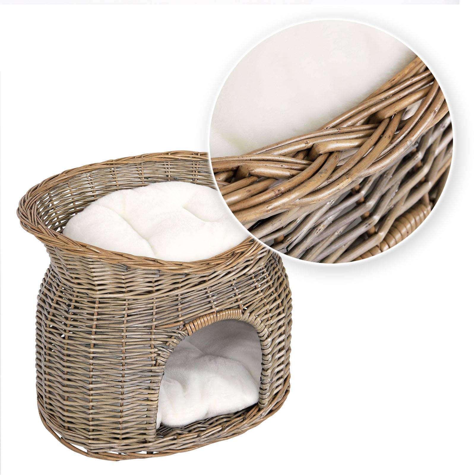 lionto Katzenkorb, Weidenkorb mit Höhle & Liegedach, inklusive 2 Kissen, stabil & nachhaltig, 55x39x43 cm, grau