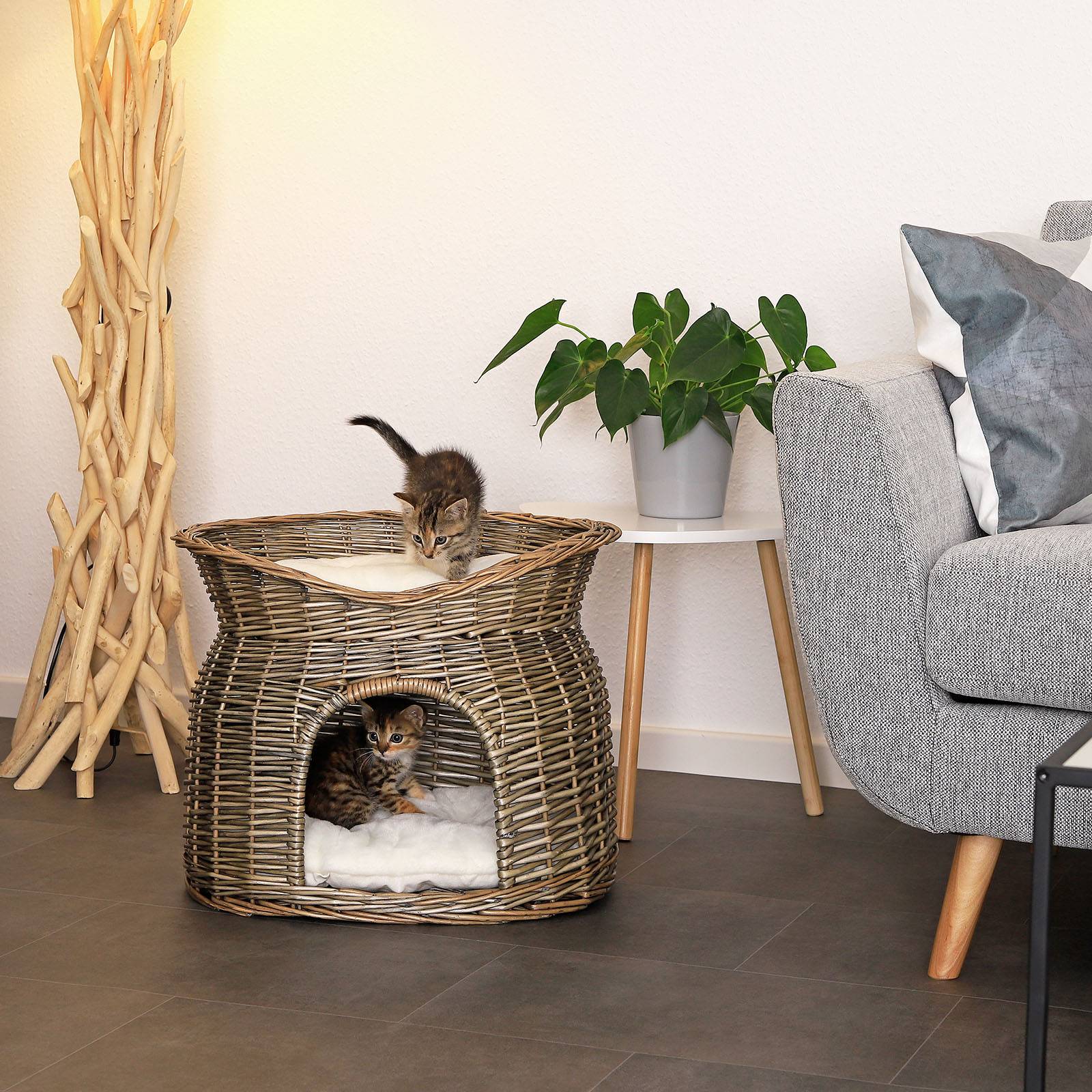lionto Katzenkorb, Weidenkorb mit Höhle & Liegedach, inklusive 2 Kissen, stabil & nachhaltig, 55x39x43 cm, grau