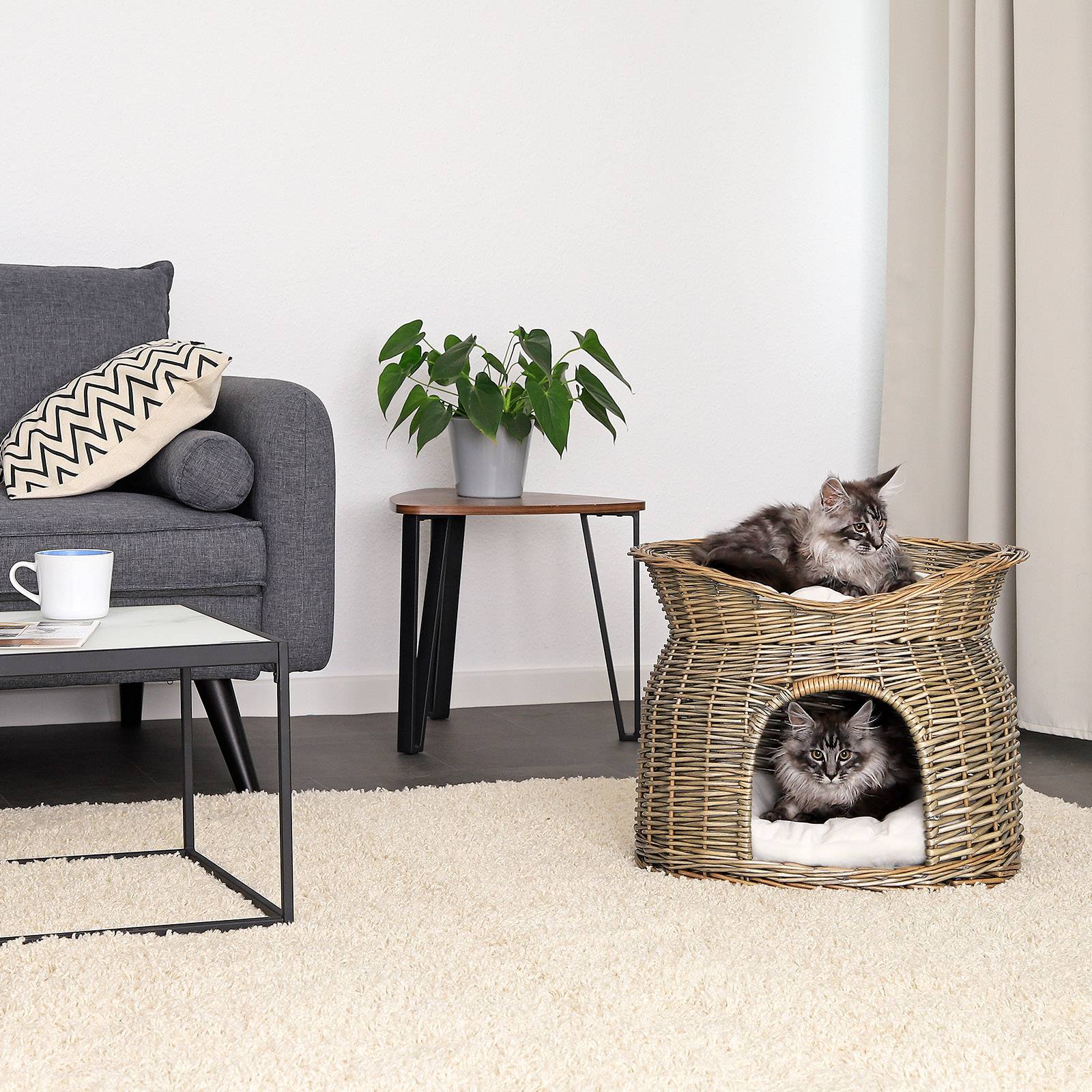 lionto Katzenkorb, Weidenkorb mit Höhle & Liegedach, inklusive 2 Kissen, stabil & nachhaltig, 55x39x43 cm, grau