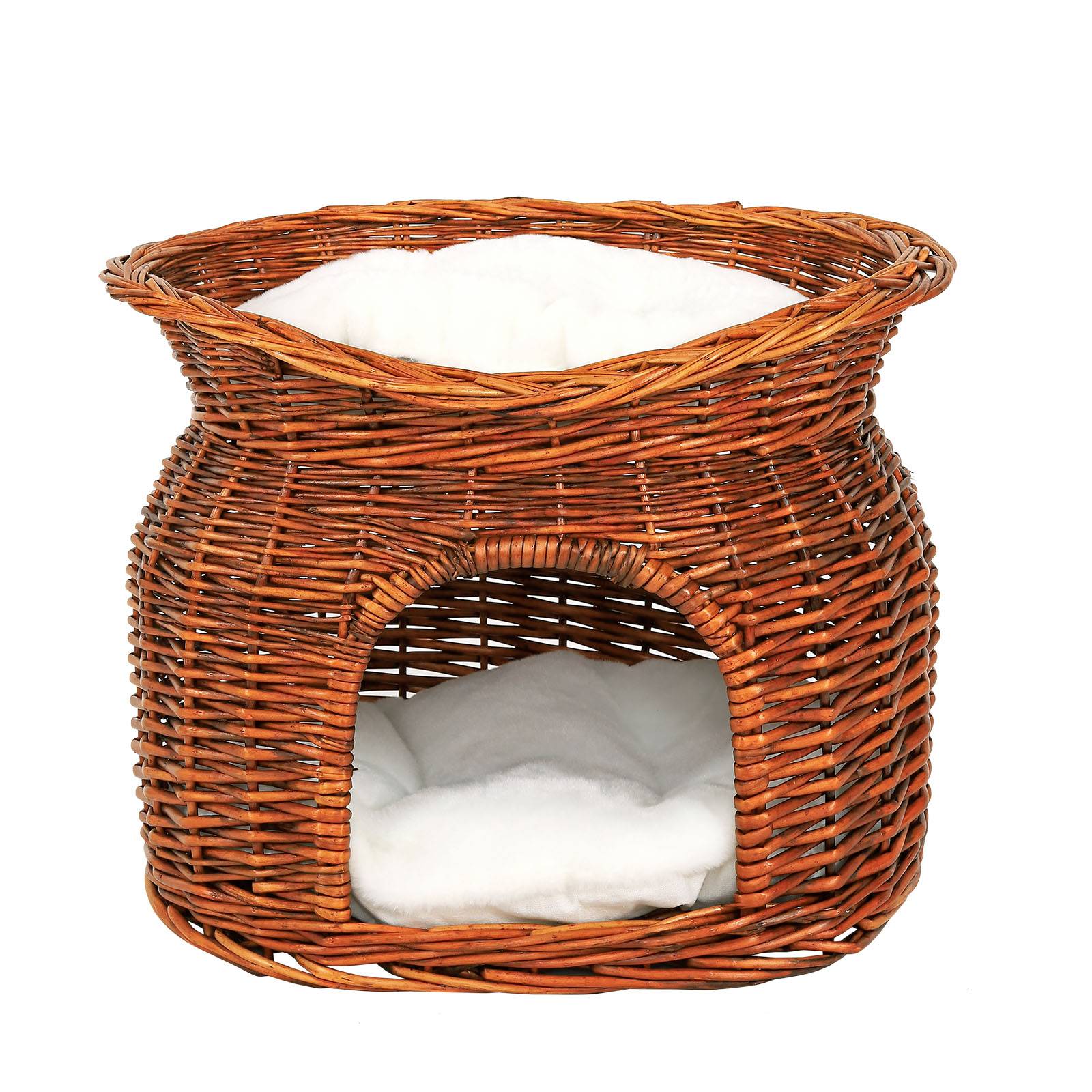 lionto Katzenkorb, Weidenkorb mit Höhle & Liegedach, inklusive 2 Kissen, stabil & nachhaltig, 55x39x43 cm, braun