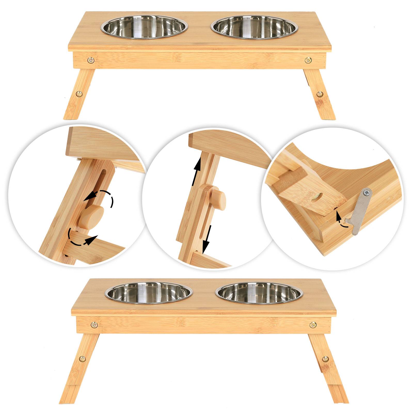 lionto Futterstation aus Bambus, höhenverstellbarer Napfständer mit 2 Edelstahlnäpfen, umweltfreundlich & ergonomisch (2×0,7 L)