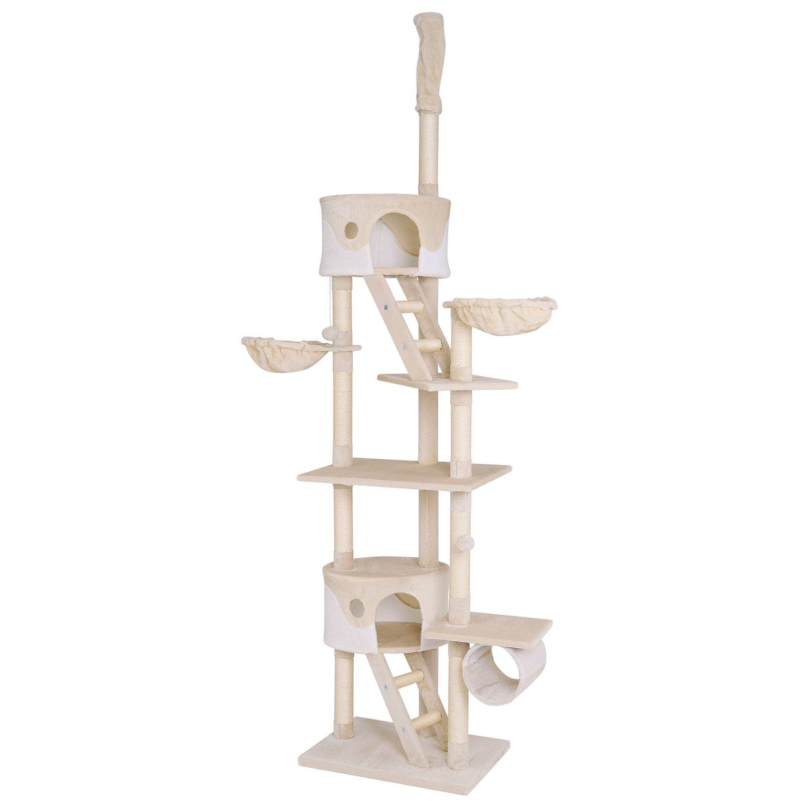 lionto Kratzbaum mit Deckenspanner, 230-250 cm großer Aktivitätsturm mit 2 Höhlen, 2 Liegemulden, Treppen & Spielbällen, beige/weiß