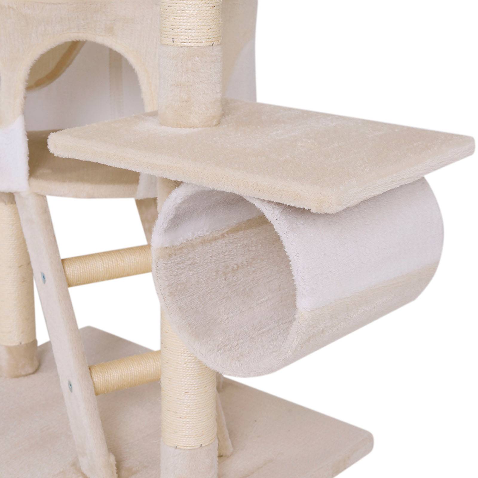 lionto Kratzbaum mit Deckenspanner, 230-250 cm großer Aktivitätsturm mit 2 Höhlen, 2 Liegemulden, Treppen & Spielbällen, beige/weiß