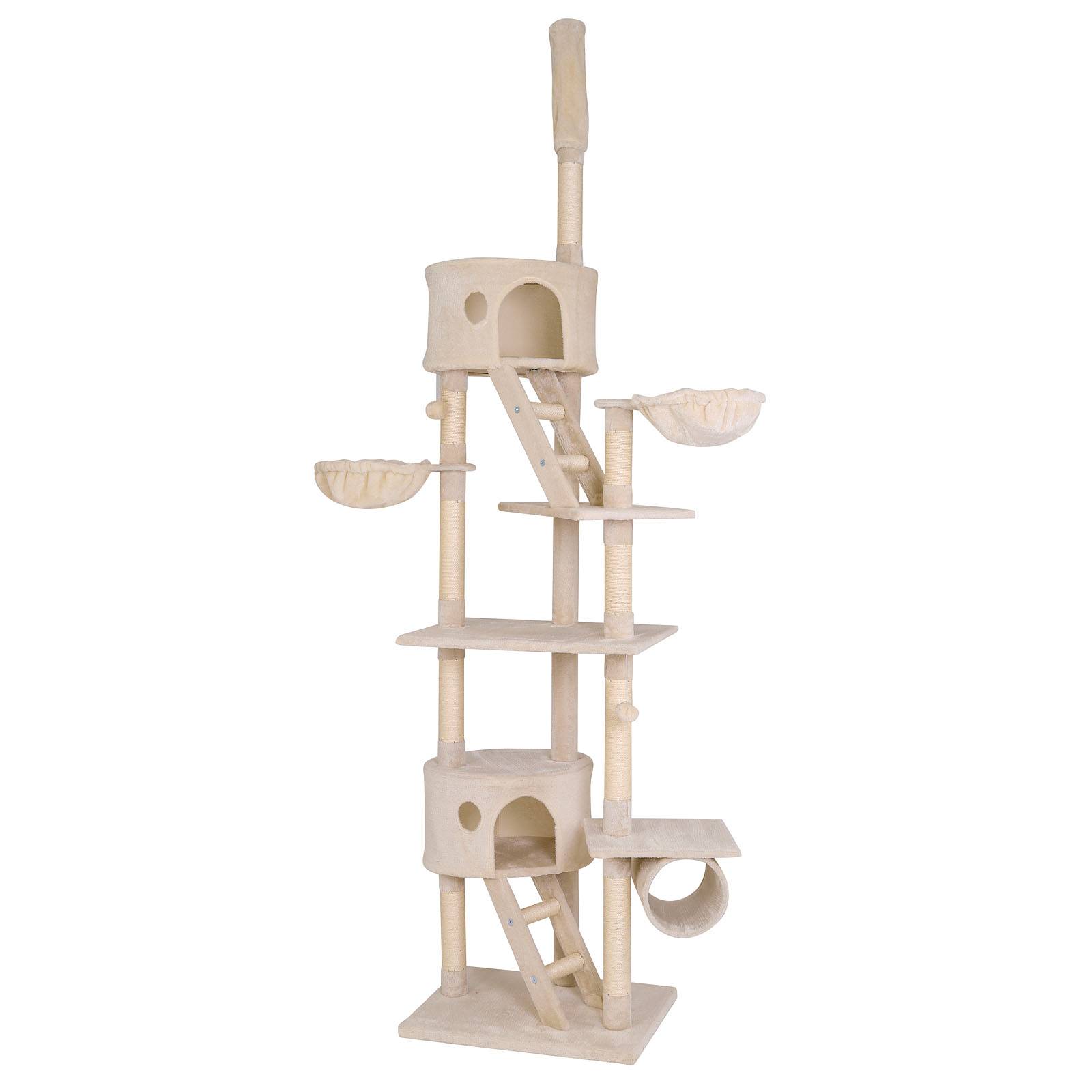 lionto Kratzbaum mit Deckenspanner, 230-250 cm großer Aktivitätsturm mit 2 Höhlen, 2 Liegemulden, Treppen & Spielbällen, beige