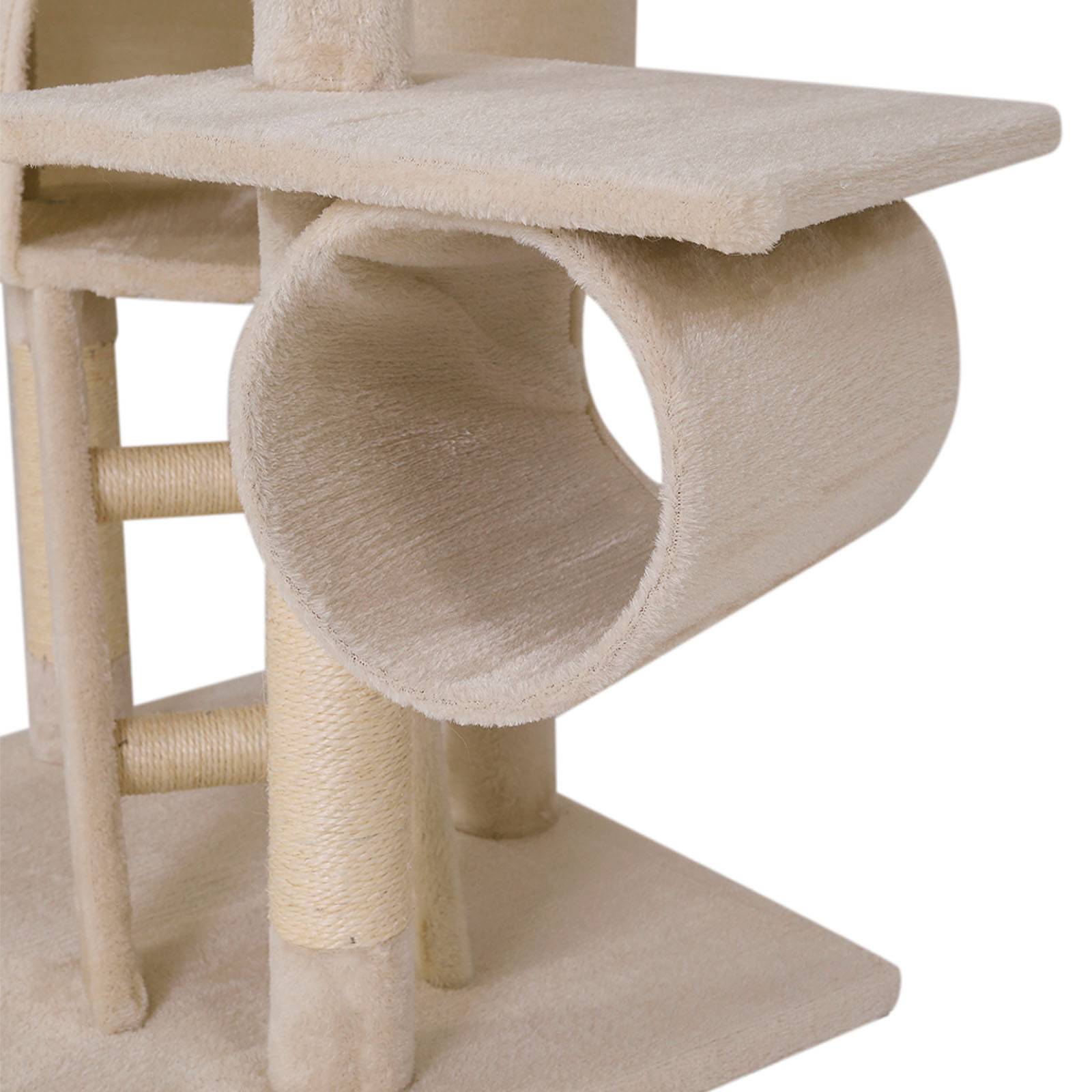 lionto Kratzbaum mit Deckenspanner, 230-250 cm großer Aktivitätsturm mit 2 Höhlen, 2 Liegemulden, Treppen & Spielbällen, beige