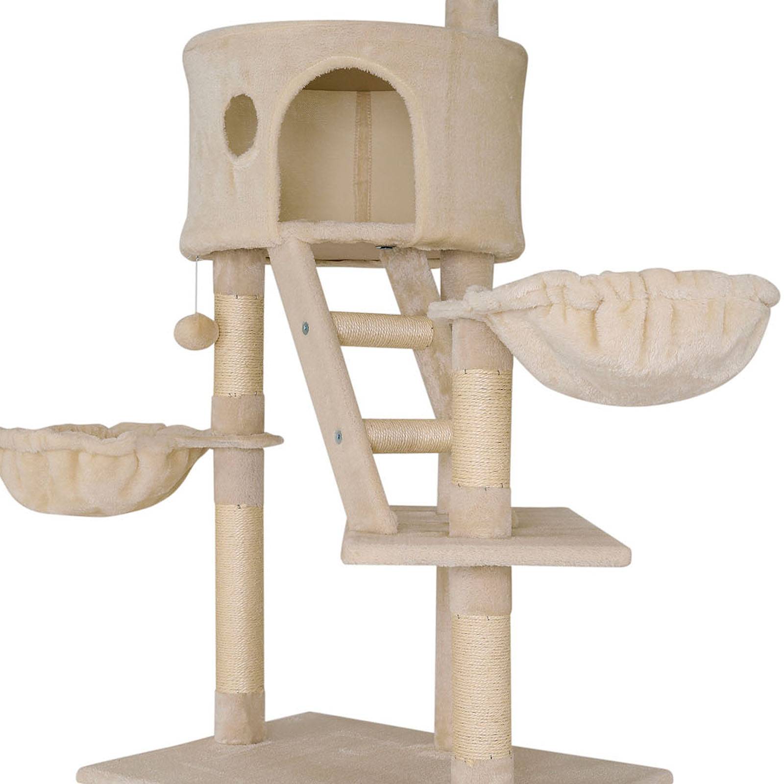 lionto Kratzbaum mit Deckenspanner, 230-250 cm großer Aktivitätsturm mit 2 Höhlen, 2 Liegemulden, Treppen & Spielbällen, beige