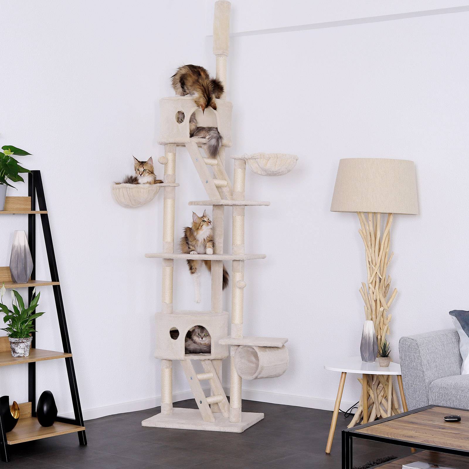 lionto Kratzbaum mit Deckenspanner, 230-250 cm großer Aktivitätsturm mit 2 Höhlen, 2 Liegemulden, Treppen & Spielbällen, beige