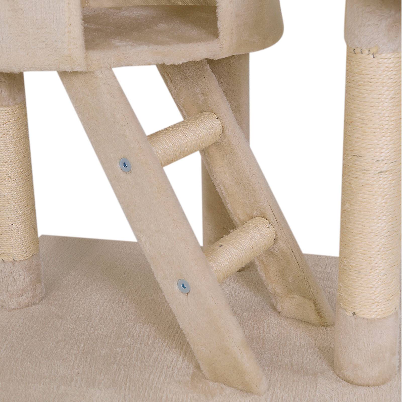 lionto Kratzbaum mit Deckenspanner, 230-250 cm großer Aktivitätsturm mit 2 Höhlen, 2 Liegemulden, Treppen & Spielbällen, beige