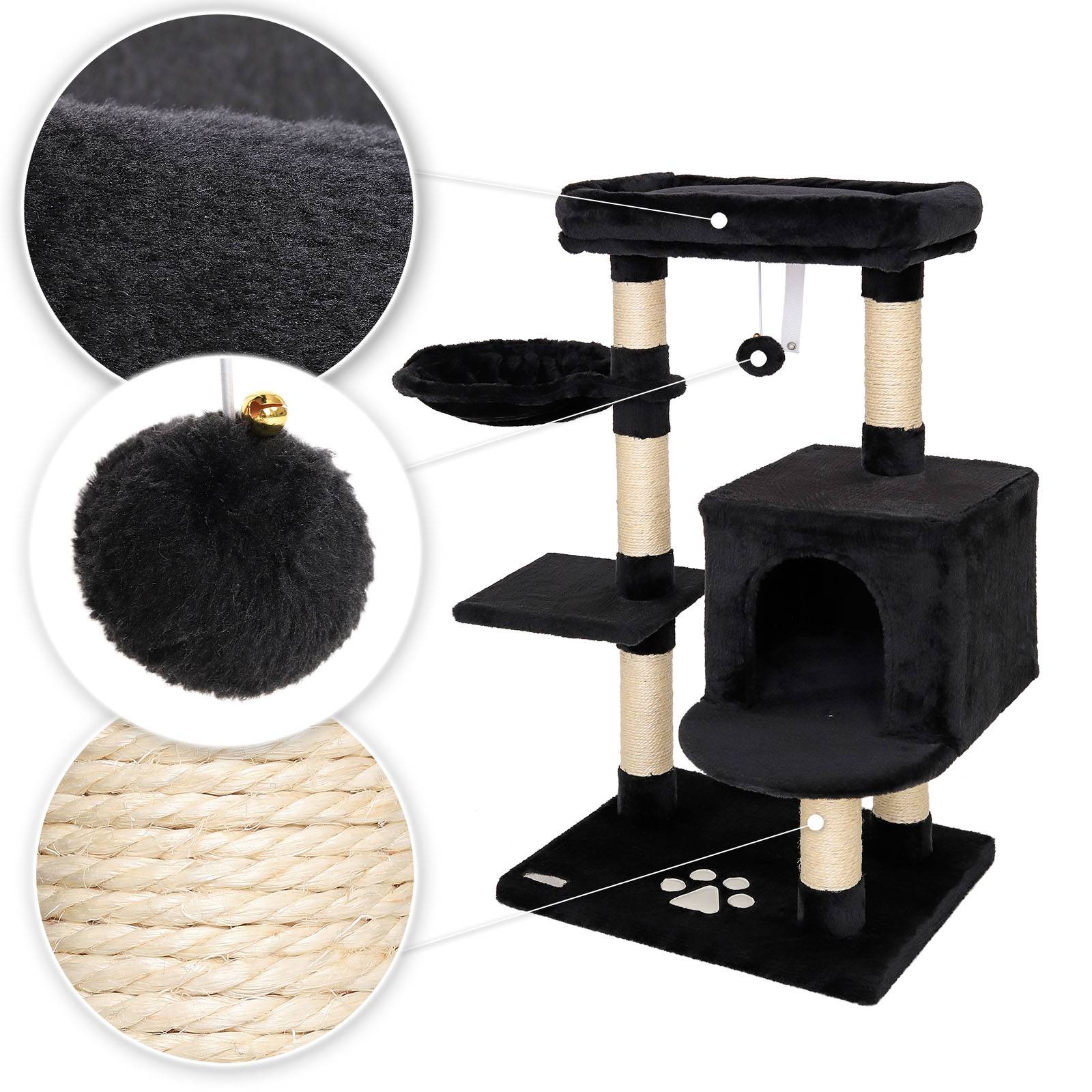 lionto Kratzbaum 93 cm mit Höhle, Liegemulde, Spielball & Sisalstämmen, kompakter Katzenbaum, schwarz