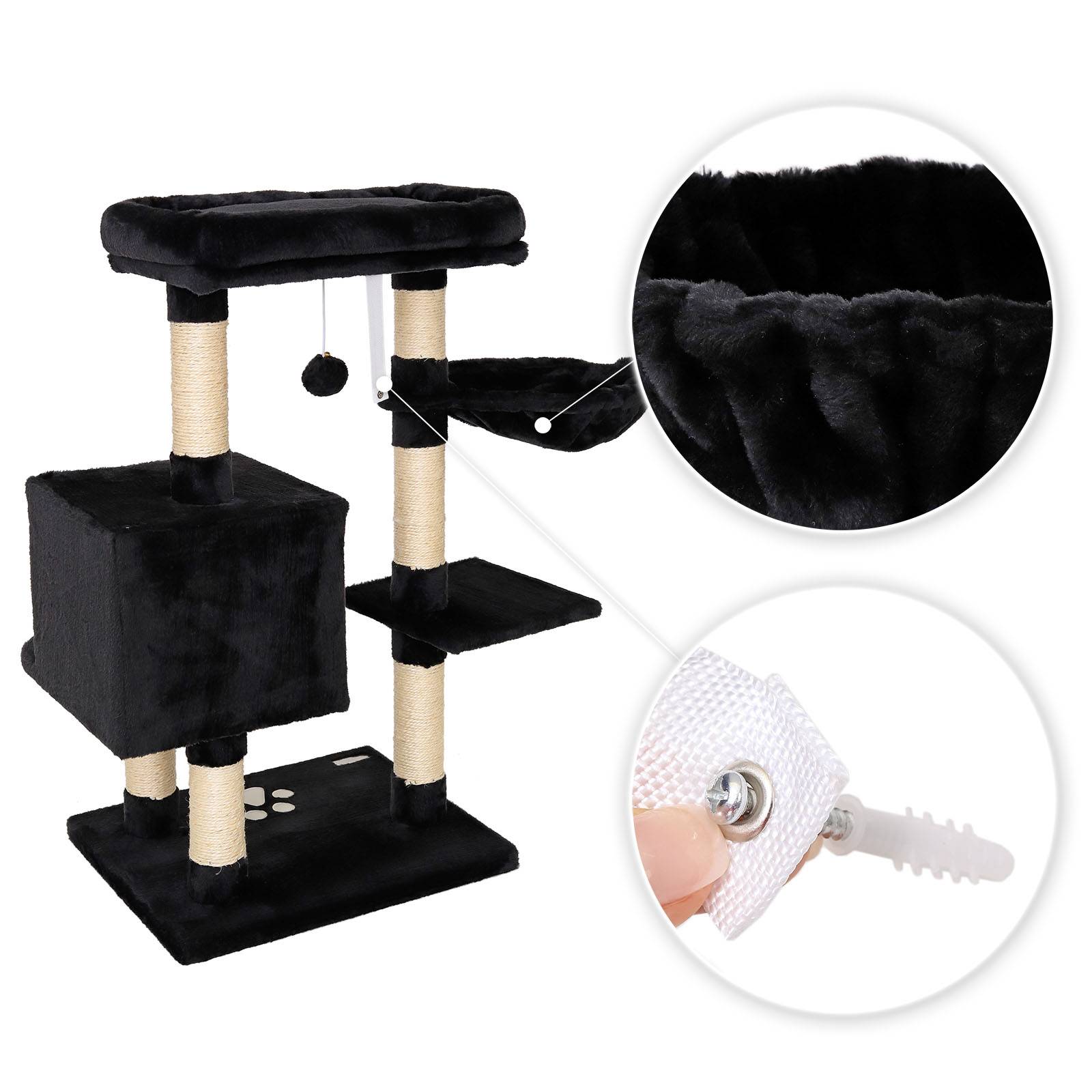 lionto Kratzbaum 93 cm mit Höhle, Liegemulde, Spielball & Sisalstämmen, kompakter Katzenbaum, schwarz