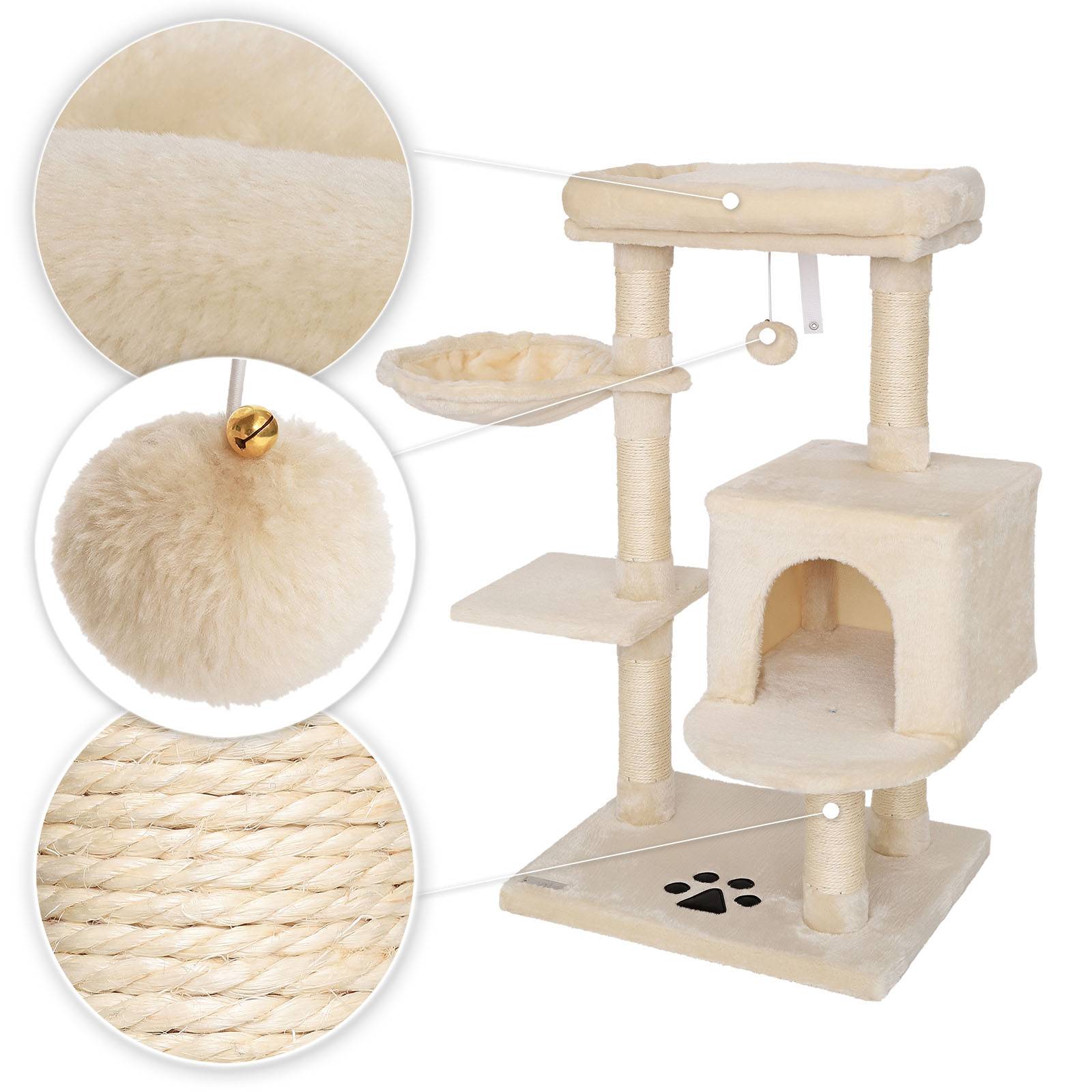 lionto Kratzbaum 93 cm mit Höhle, Liegemulde, Spielball & Sisalstämmen, kompakter Katzenbaum, beige