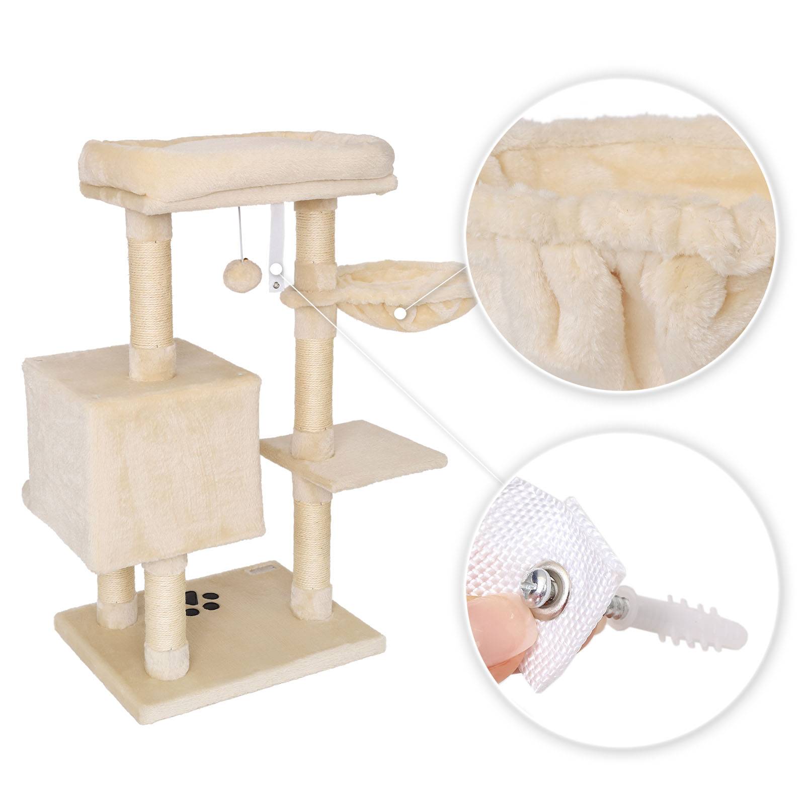 lionto Kratzbaum 93 cm mit Höhle, Liegemulde, Spielball & Sisalstämmen, kompakter Katzenbaum, beige