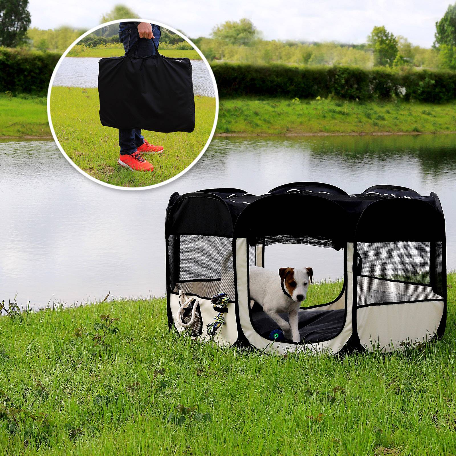 lionto Welpenauslauf mit Pop-up-System, faltbarer Freilaufstall für Hunde & Kleintiere, 110 cm Durchmesser, 64 cm Höhe, schwarz/beige