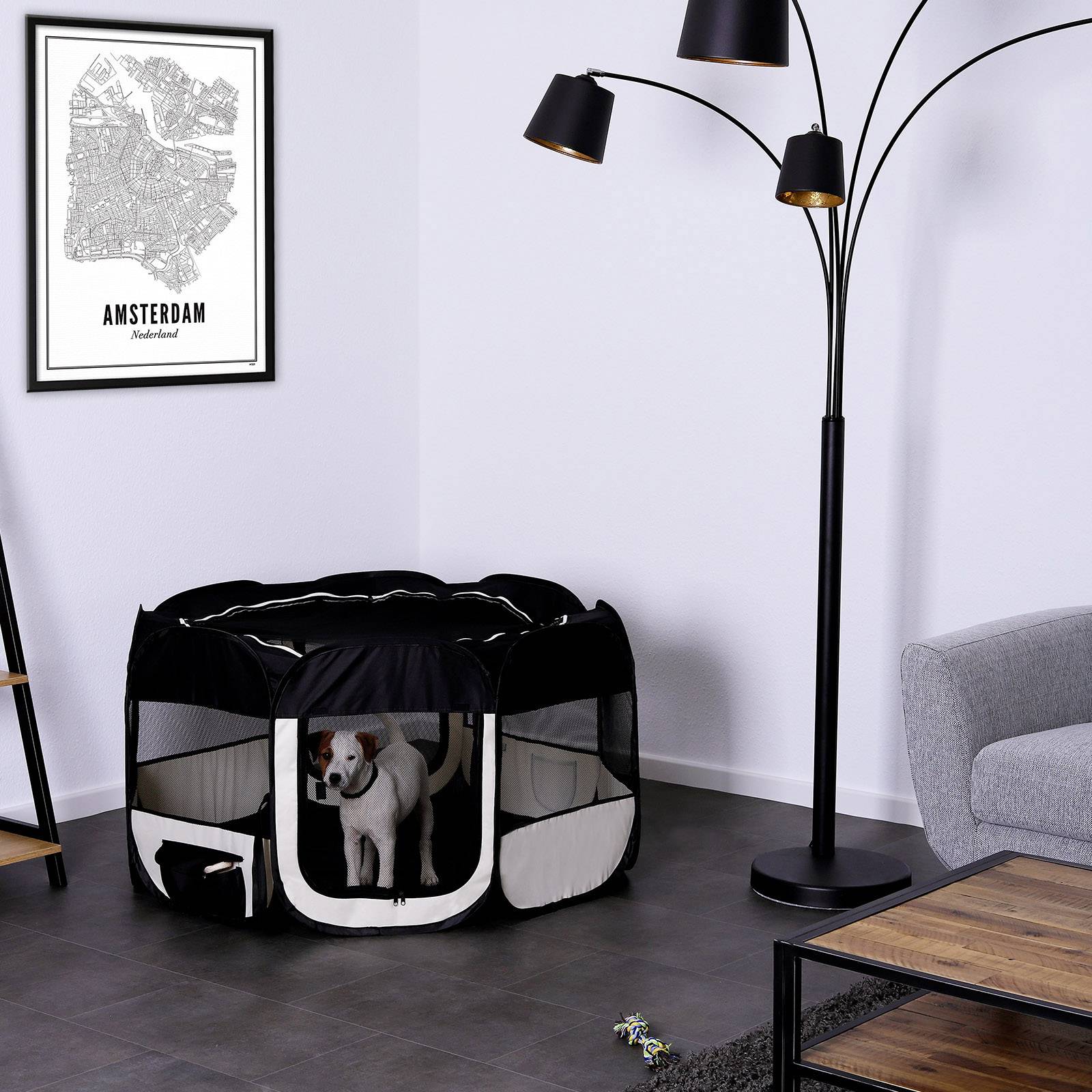 lionto Welpenauslauf mit Pop-up-System, faltbarer Freilaufstall für Hunde & Kleintiere, 110 cm Durchmesser, 64 cm Höhe, schwarz/beige