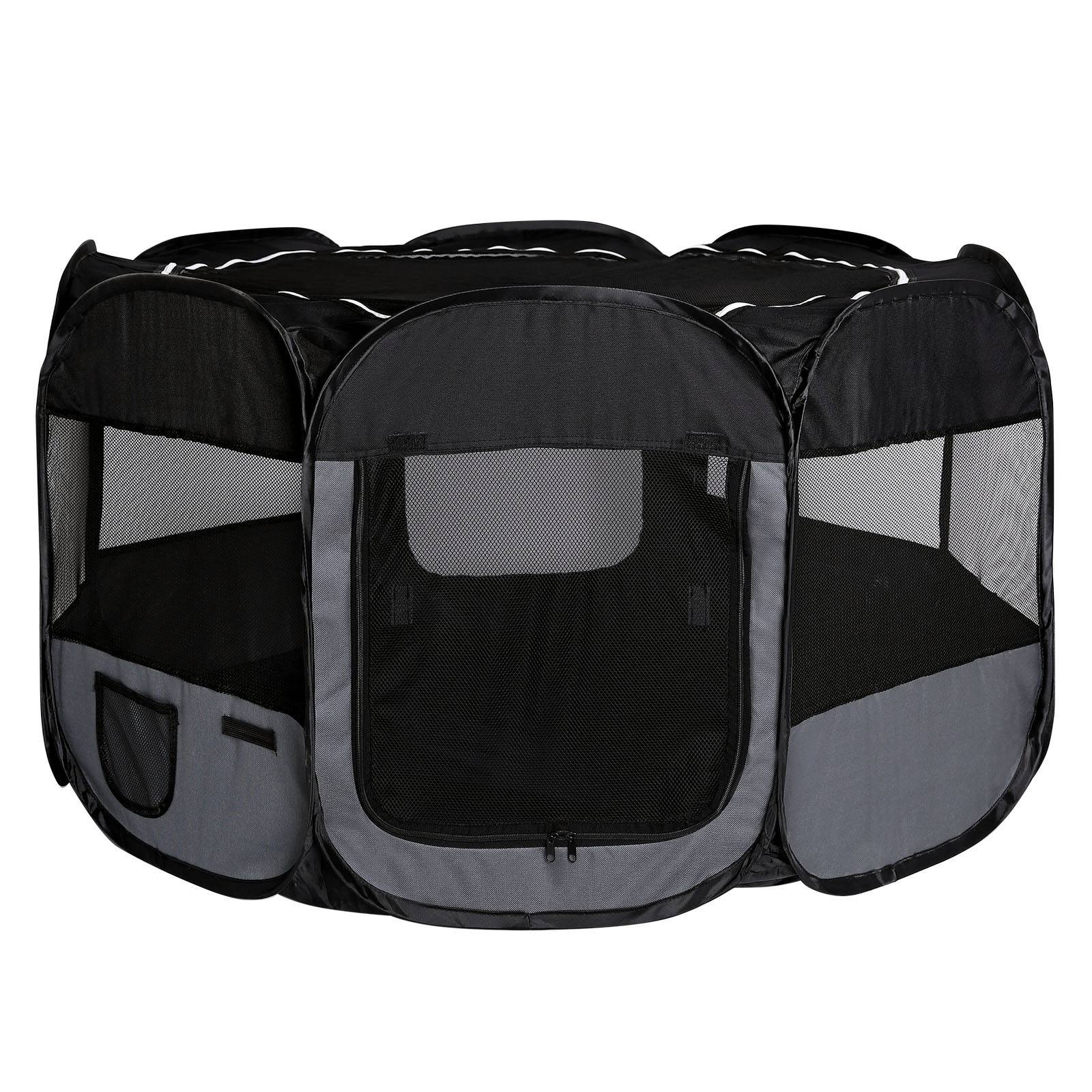 lionto Welpenauslauf mit Pop-up-System, faltbarer Freilaufstall für Hunde & Kleintiere, 110 cm Durchmesser, 64 cm Höhe, schwarz/grau