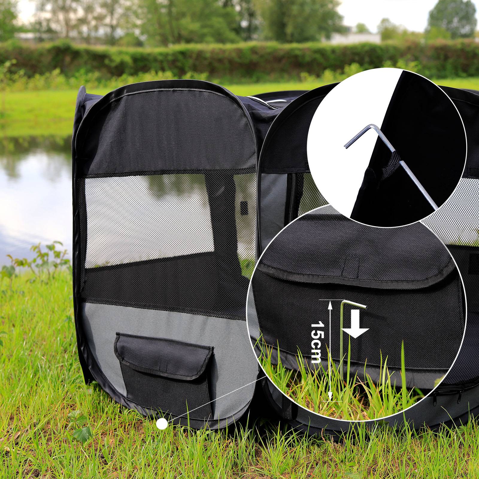 lionto Welpenauslauf mit Pop-up-System, faltbarer Freilaufstall für Hunde & Kleintiere, 110 cm Durchmesser, 64 cm Höhe, schwarz/grau