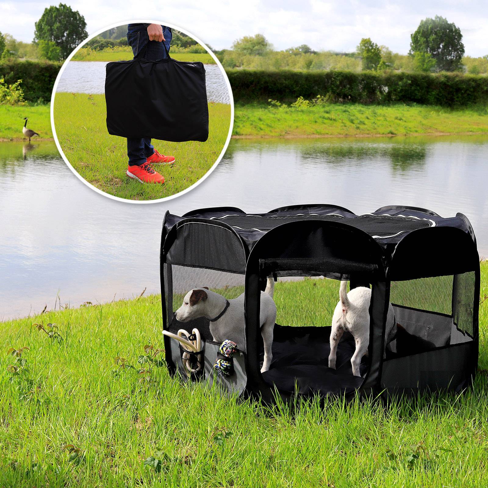 lionto Welpenauslauf mit Pop-up-System, faltbarer Freilaufstall für Hunde & Kleintiere, 110 cm Durchmesser, 64 cm Höhe, schwarz/grau
